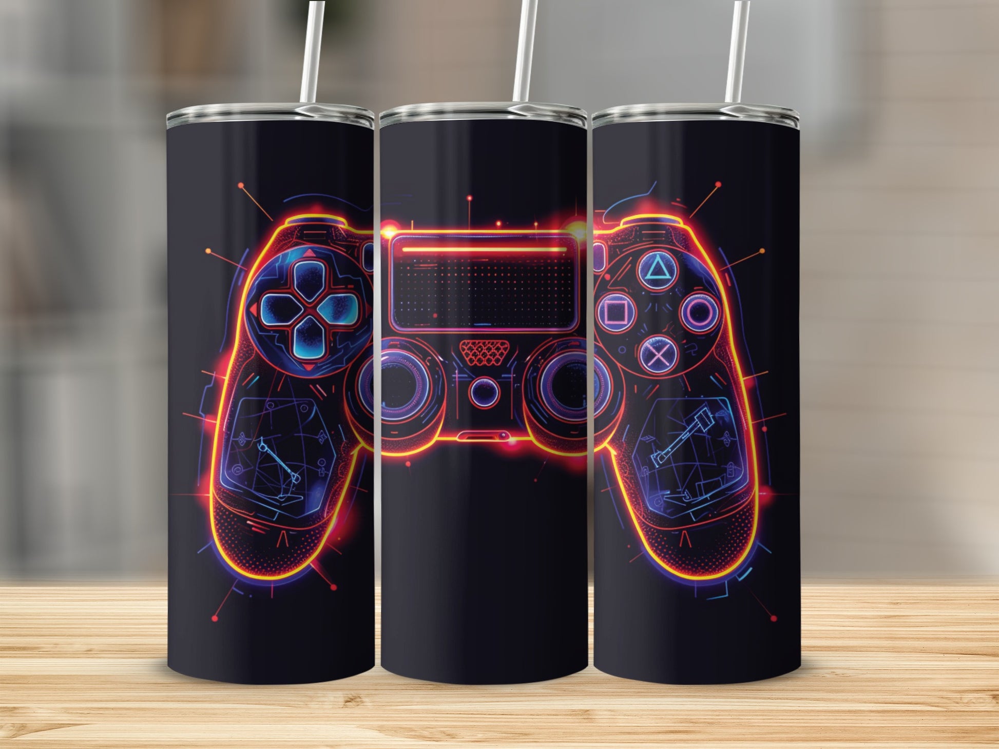 Neon video game controller design on a dark background.