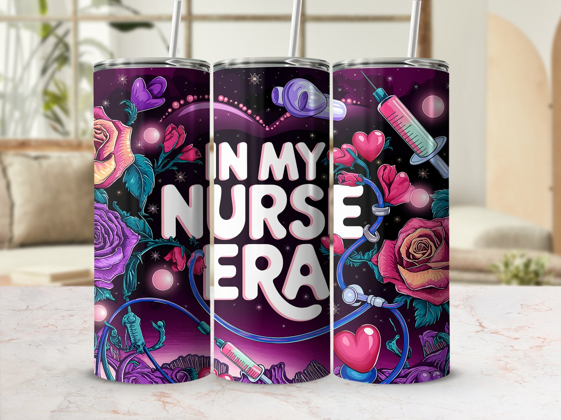 Tumbler with nurse-themed design featuring text "IN MY NURSE ERA" and floral accents.