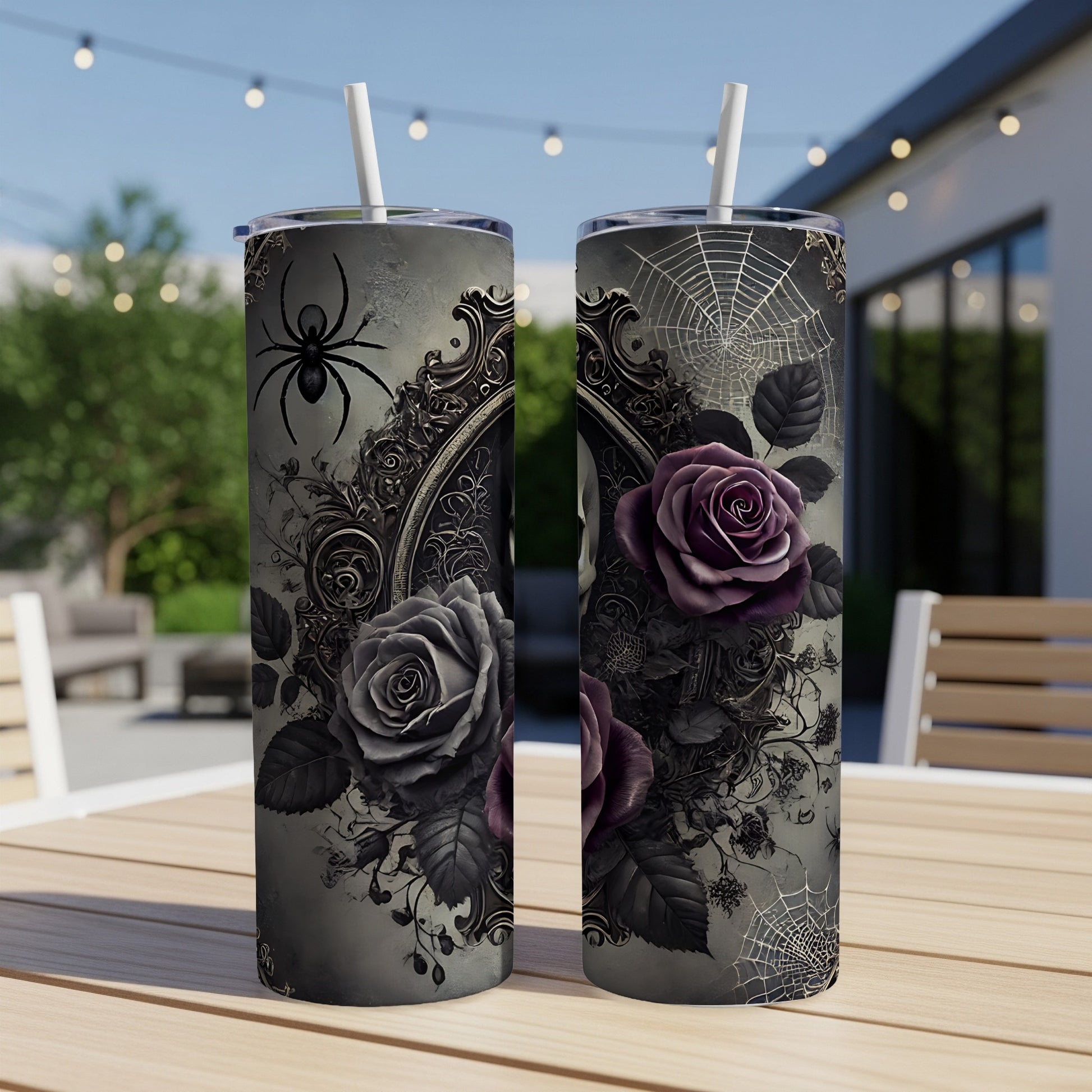 Two tumblers with gothic floral designs, spiders, and cobwebs.