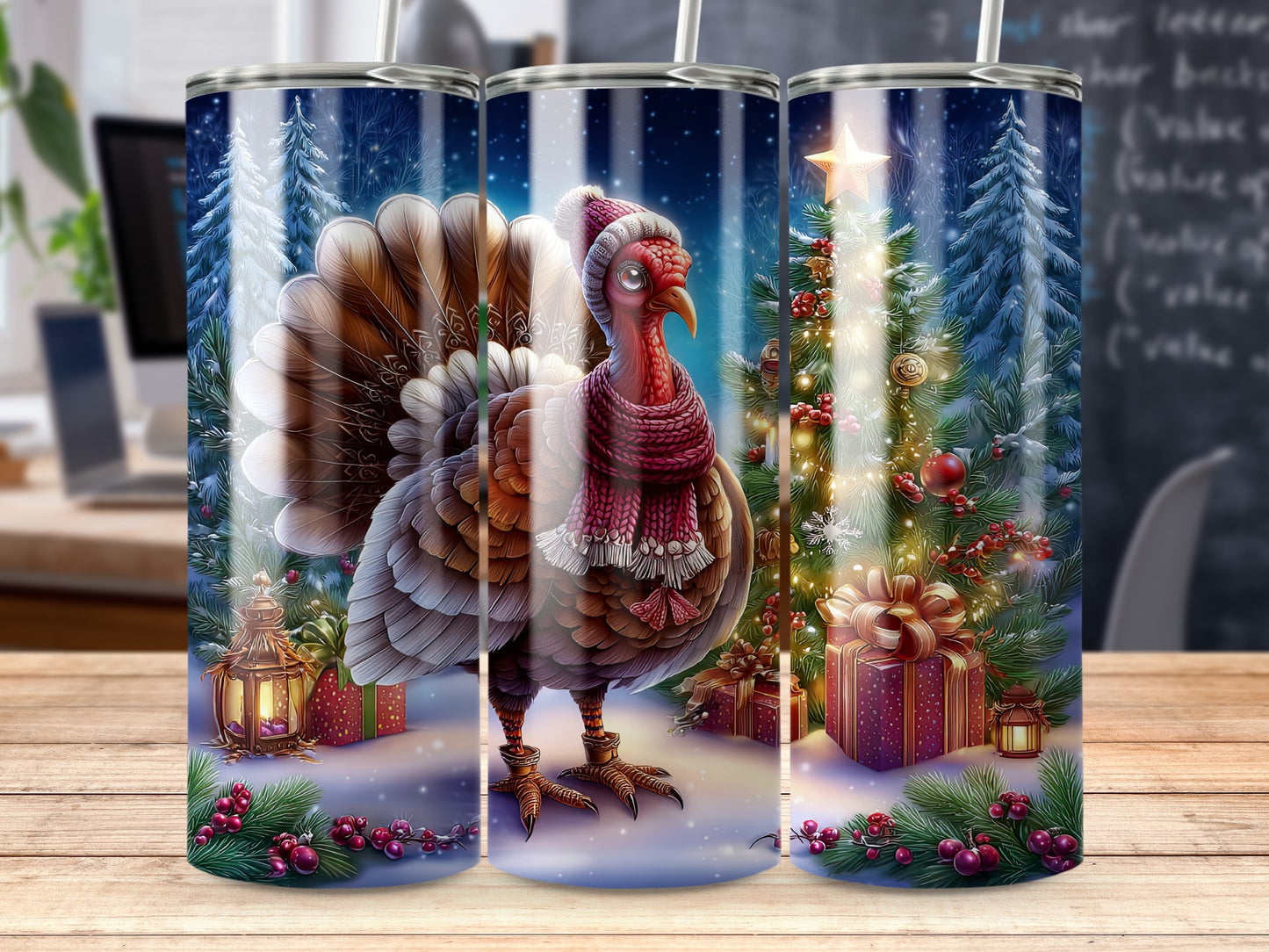 Festive Turkey with Christmas Tree Tumbler