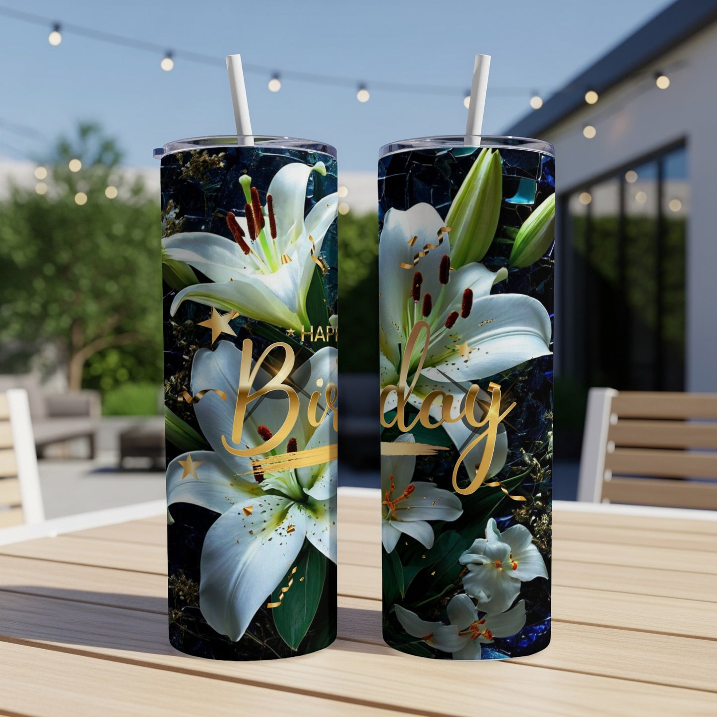 Happy Birthday tumbler with white lilies and gold stars.