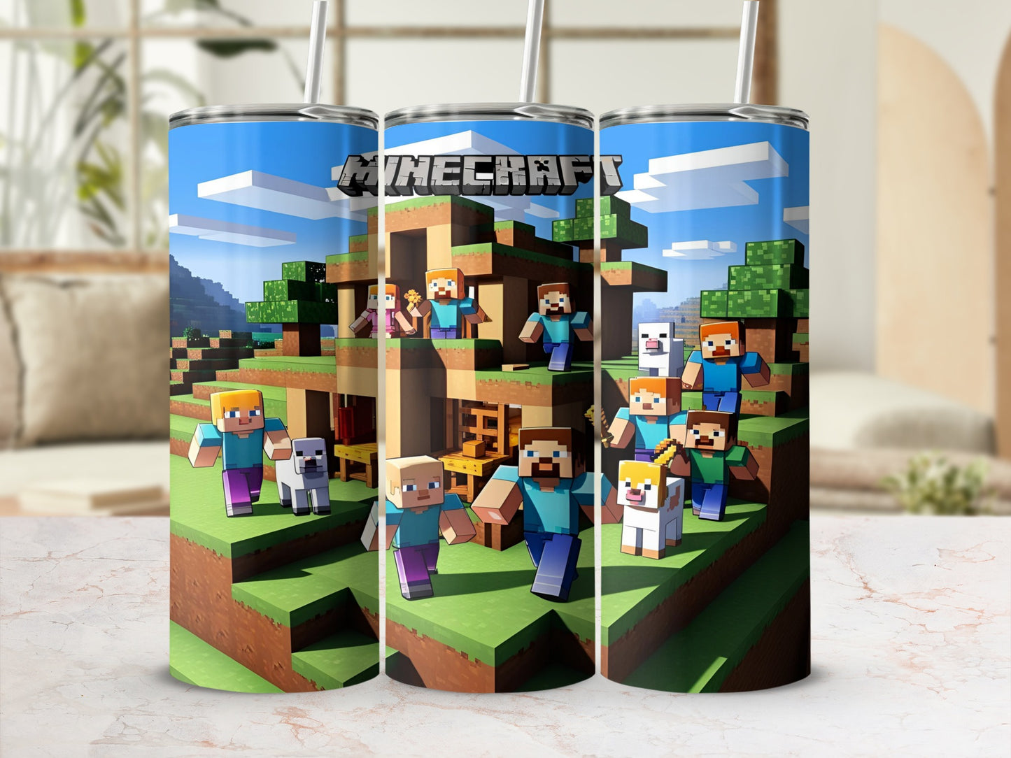 Minecraft characters and creatures on a tumbler with a grassy landscape background.