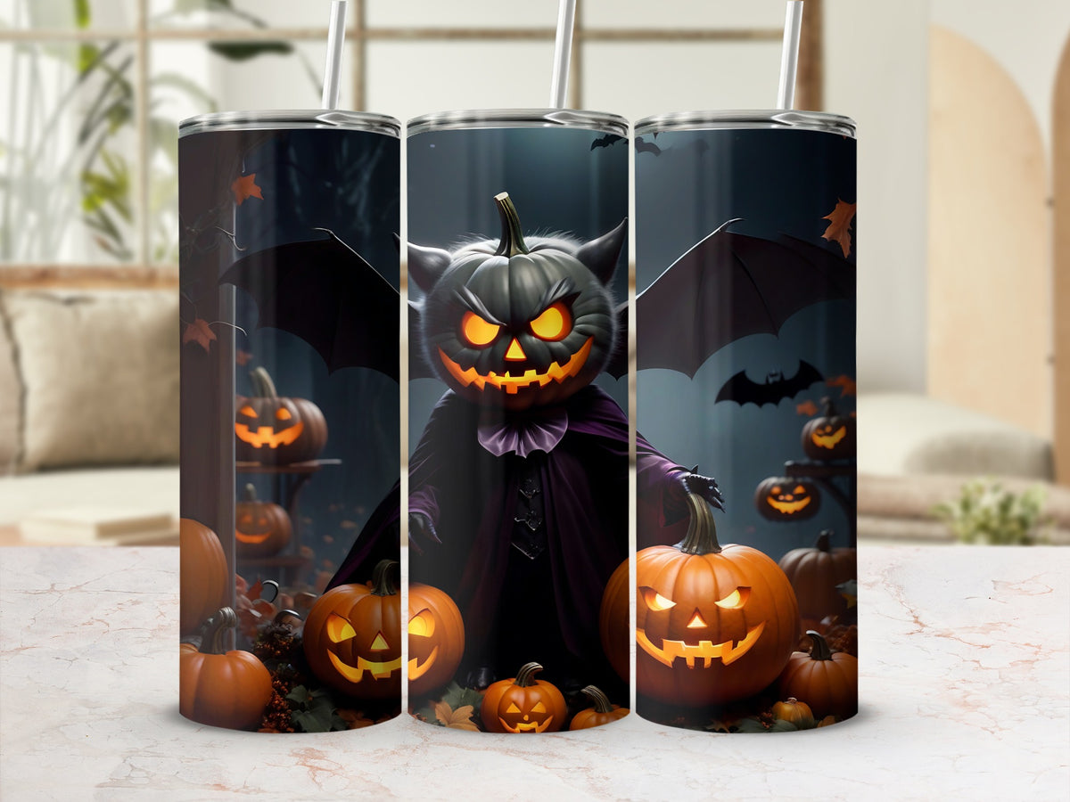 Halloween tumbler with a jack-o'-lantern monster and spooky bats.