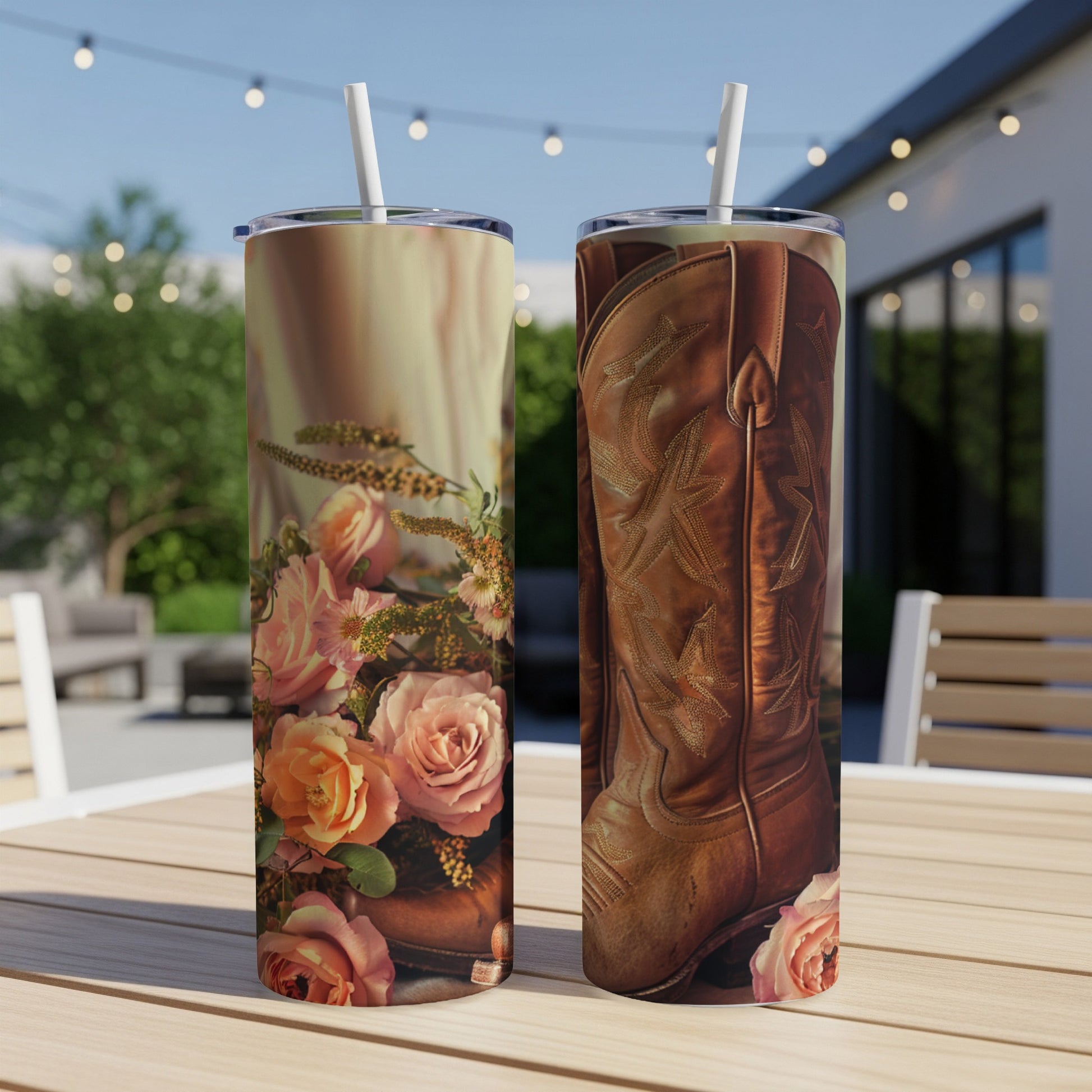 Two tall tumblers with cowboy boots and floral designs on outdoor table.