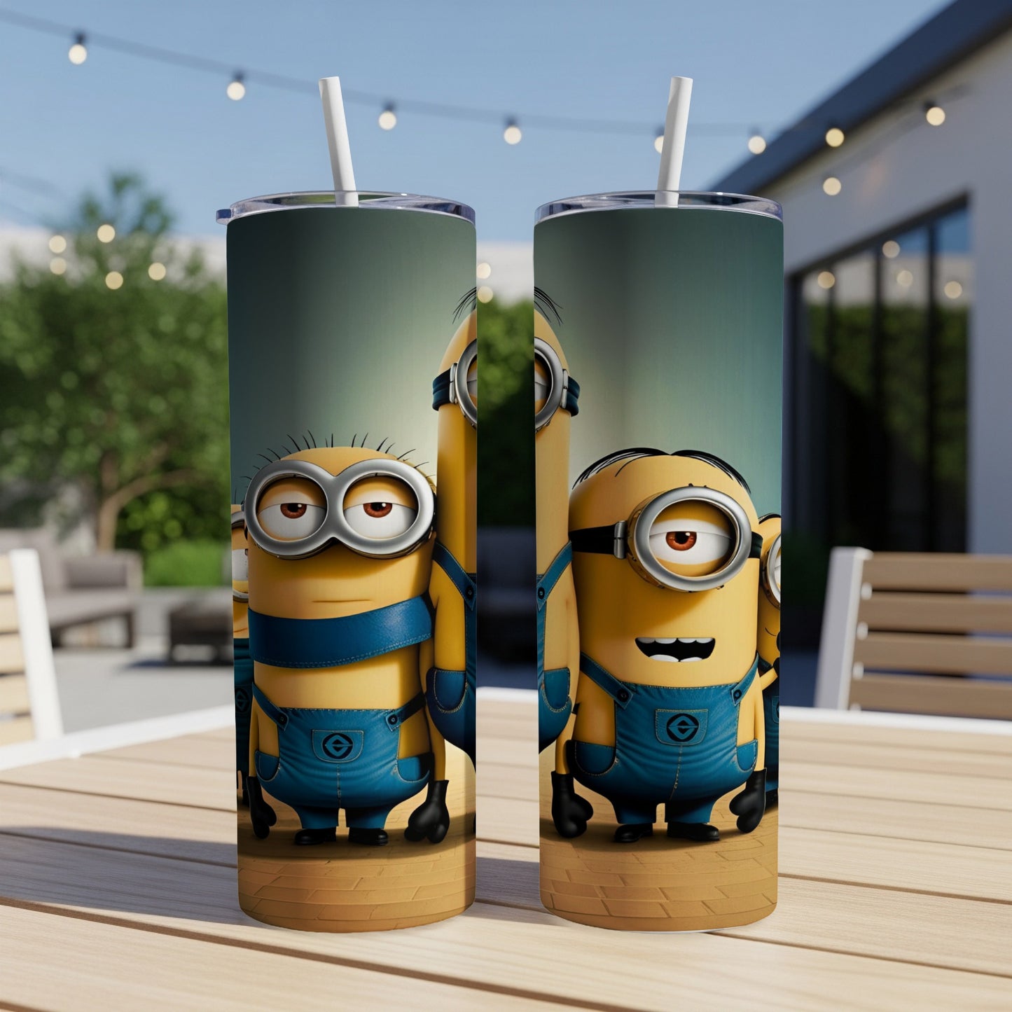 Two Minion characters in denim overalls stand side-by-side on a tumbler.
