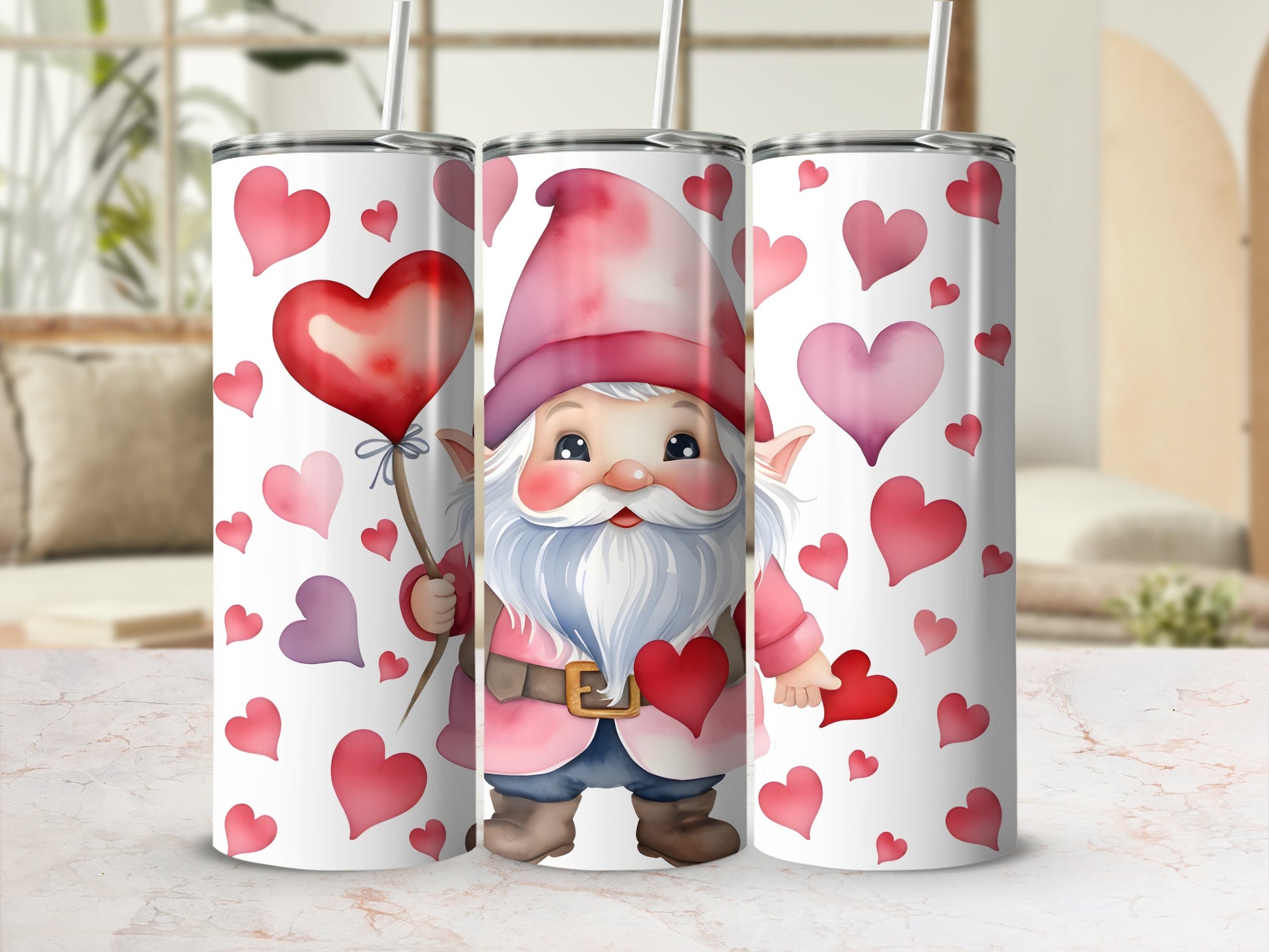 Three tumblers with a gnome holding a heart, surrounded by hearts.
