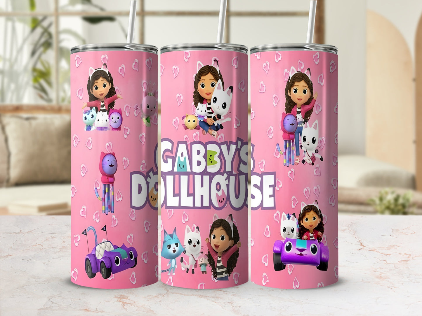 Gabby's Dollhouse themed tumbler with Gabby, Pandy Paws, and car.