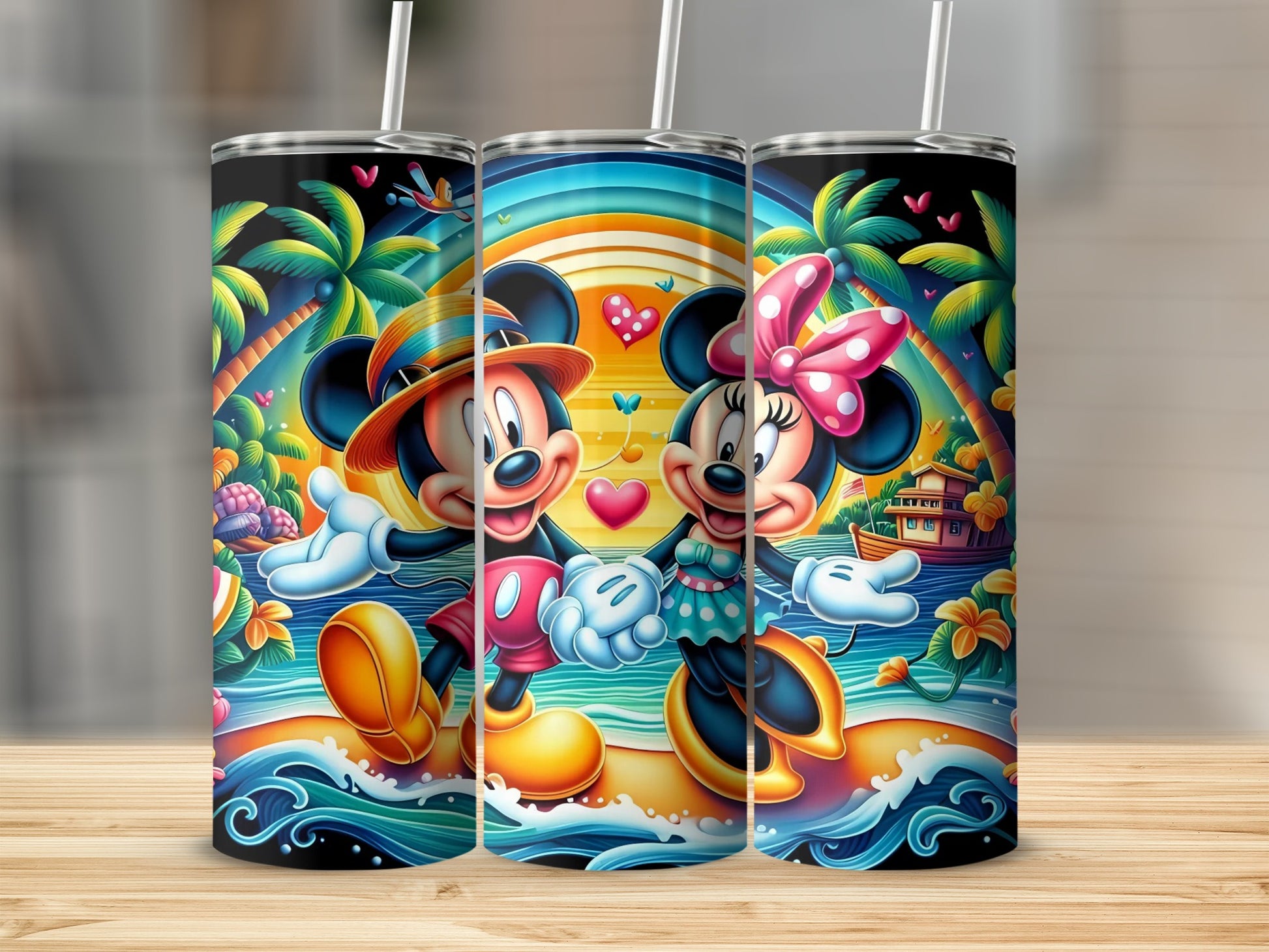 Colorful Mickey and Minnie Mouse Tropical Theme Tumbler