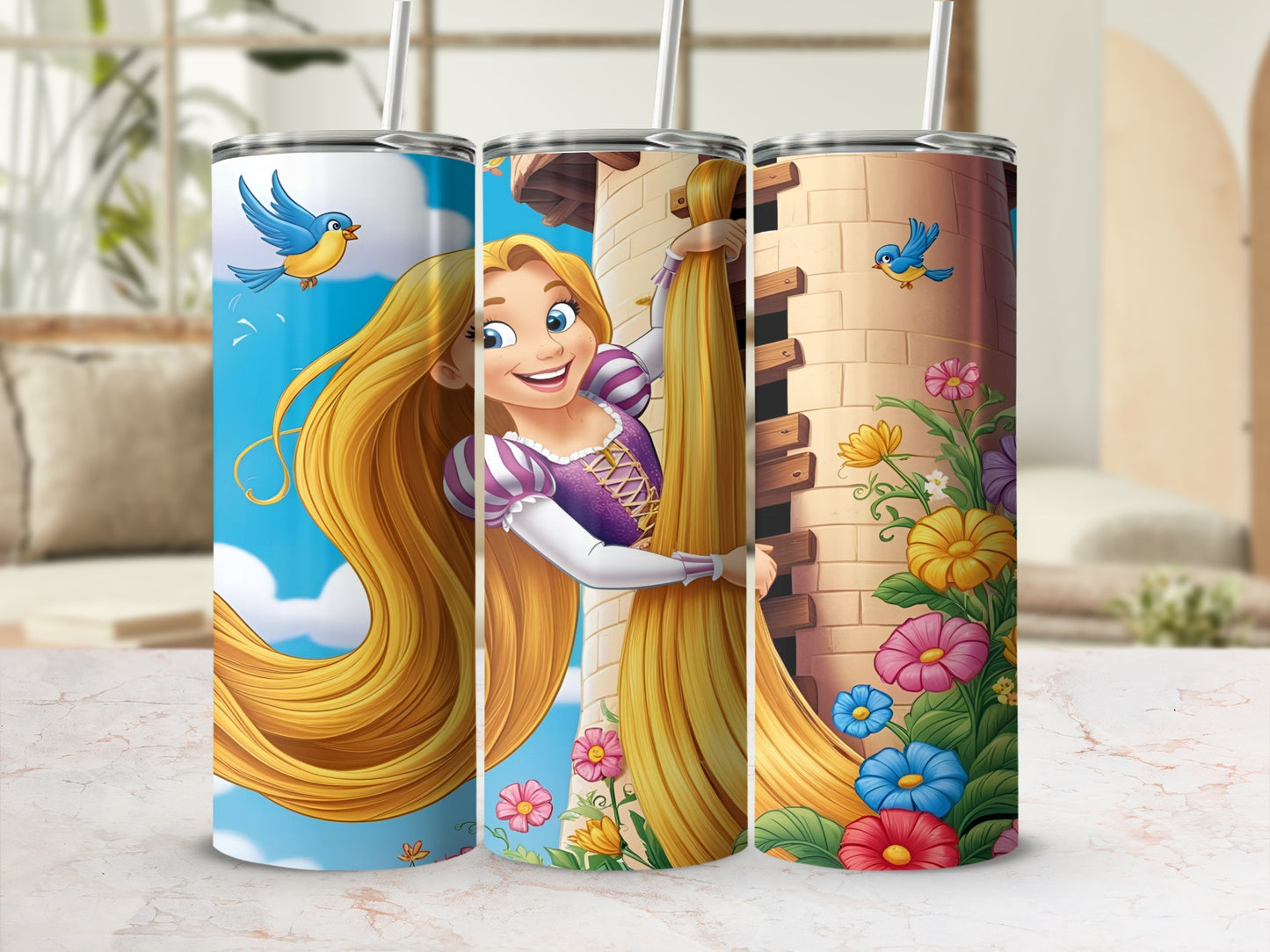 Rapunzel, the cartoon character, on a colorful tumbler with flowers.