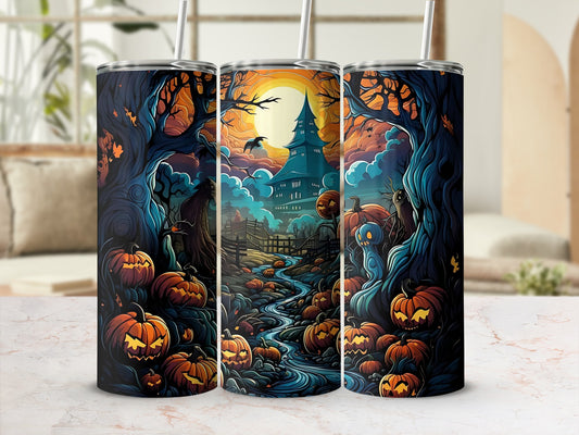 Halloween tumbler with haunted house, pumpkins, and spooky trees.