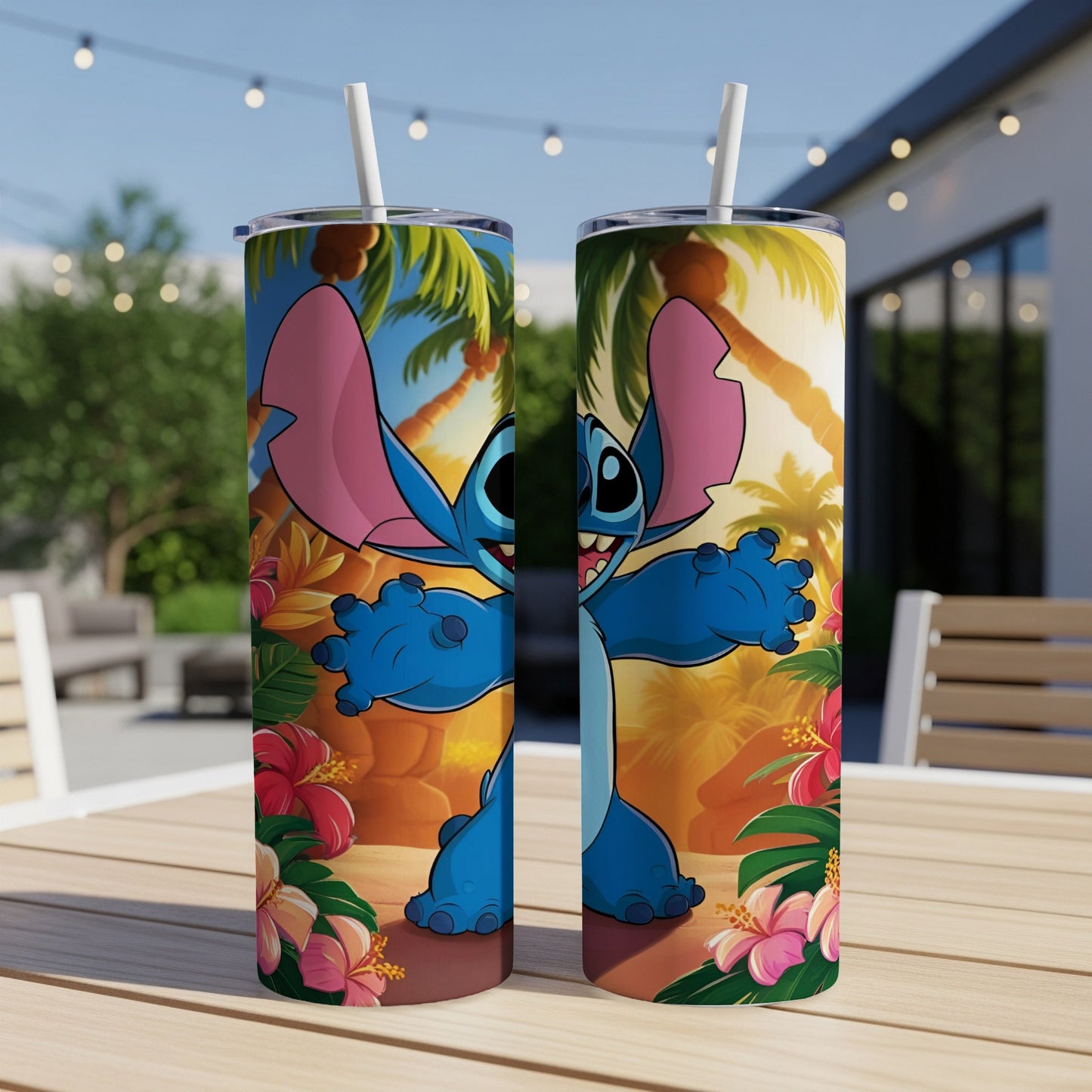 Stitch character on a tropical background, rendered on two tumblers.