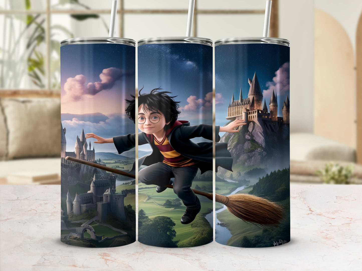 Harry Potter on broomstick flying past Hogwarts castle.