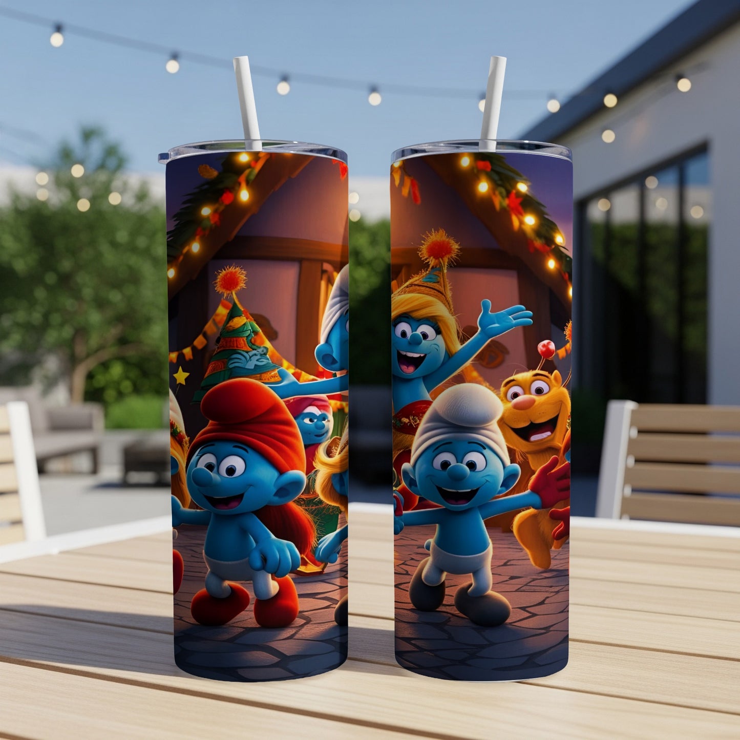 Smurfs in party hats celebrating on a wooden table outdoors.