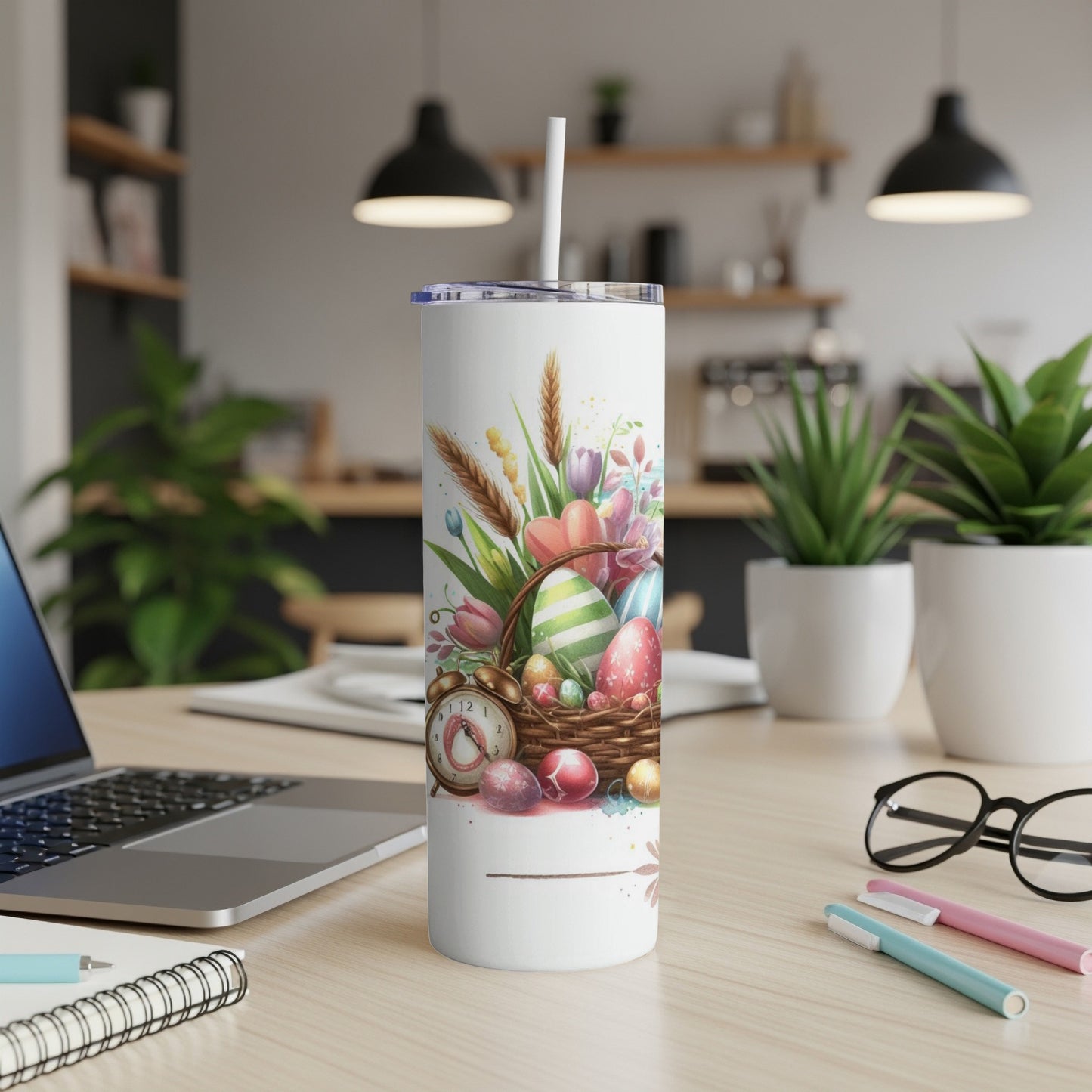 Easter basket illustration on white tumbler with straw.