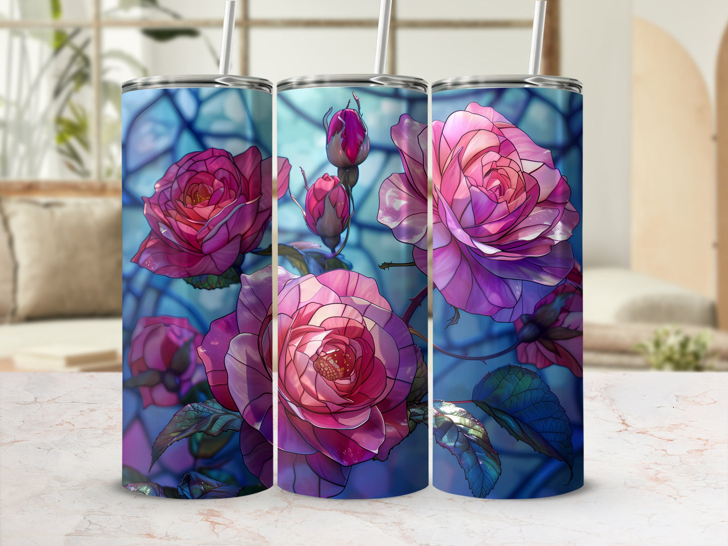 Three tumblers with stained-glass style pink roses and blue background.
