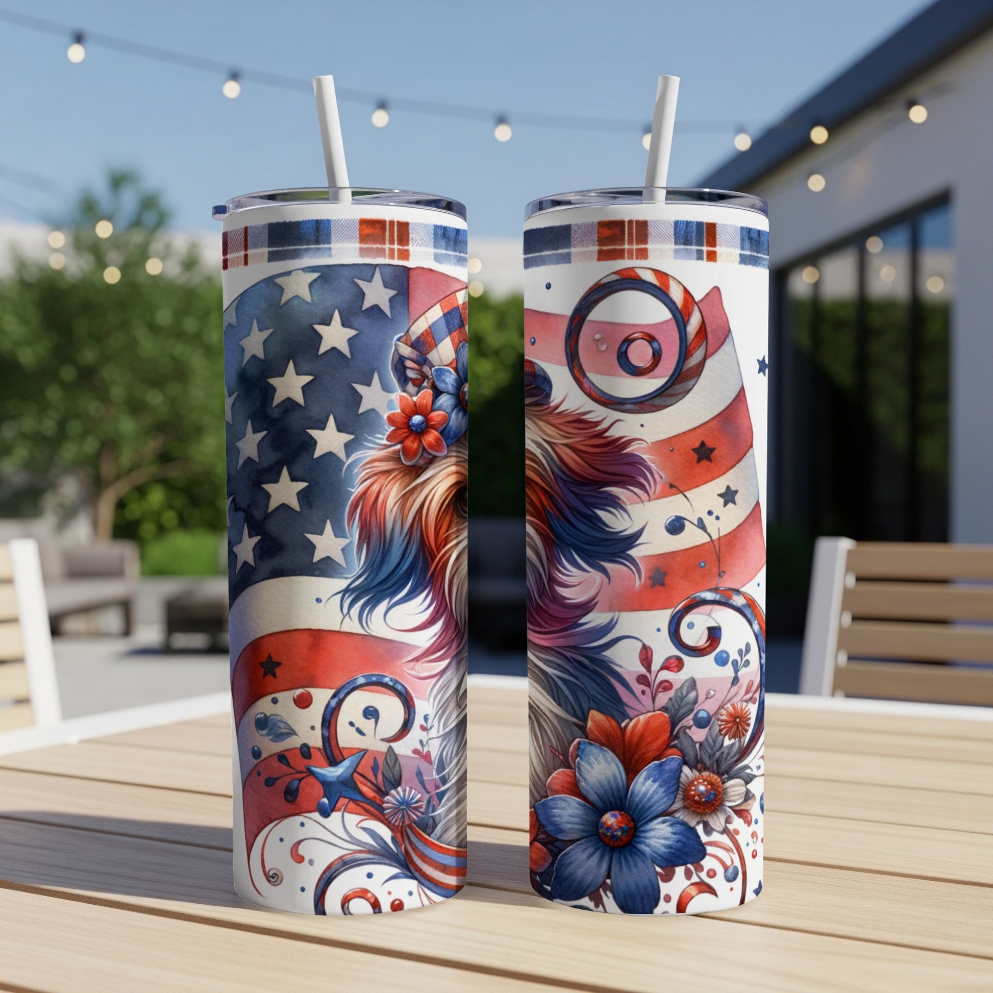 Two tumblers with patriotic American flag and floral designs.