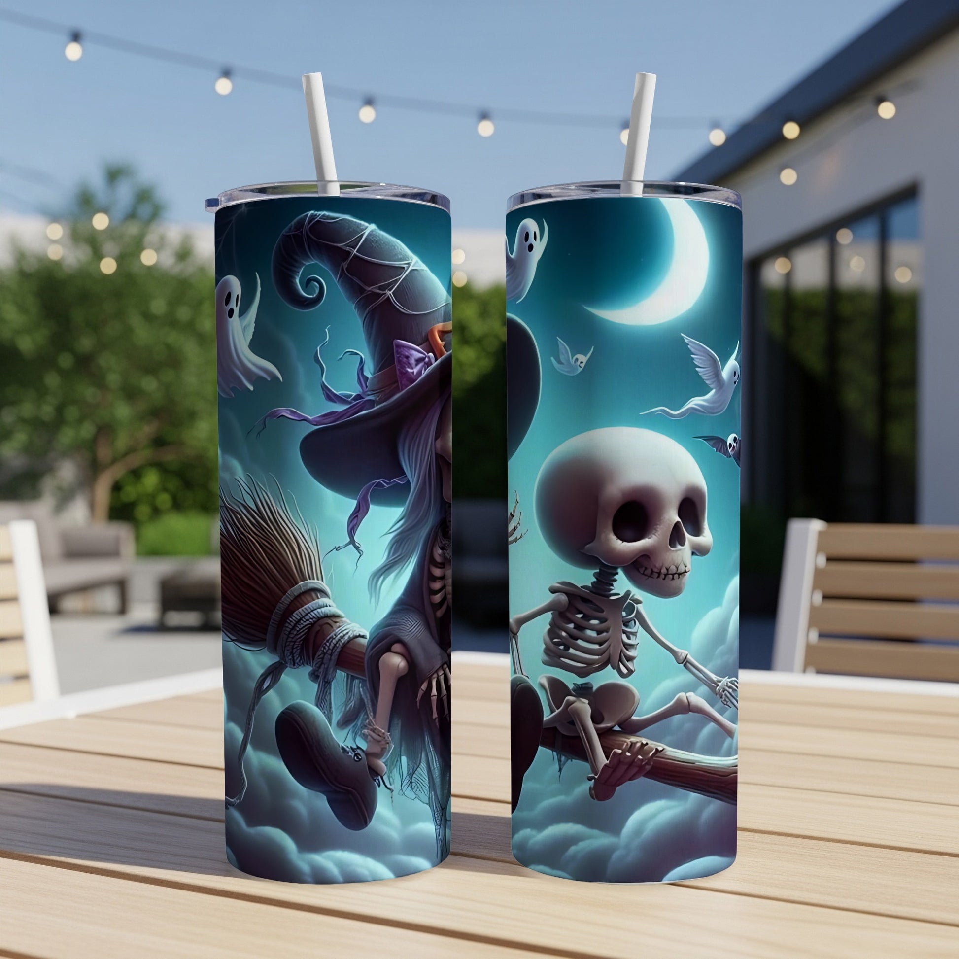 Two tumblers with Halloween art: a witch on a broom and a skeleton on a branch, with ghosts and moon.
