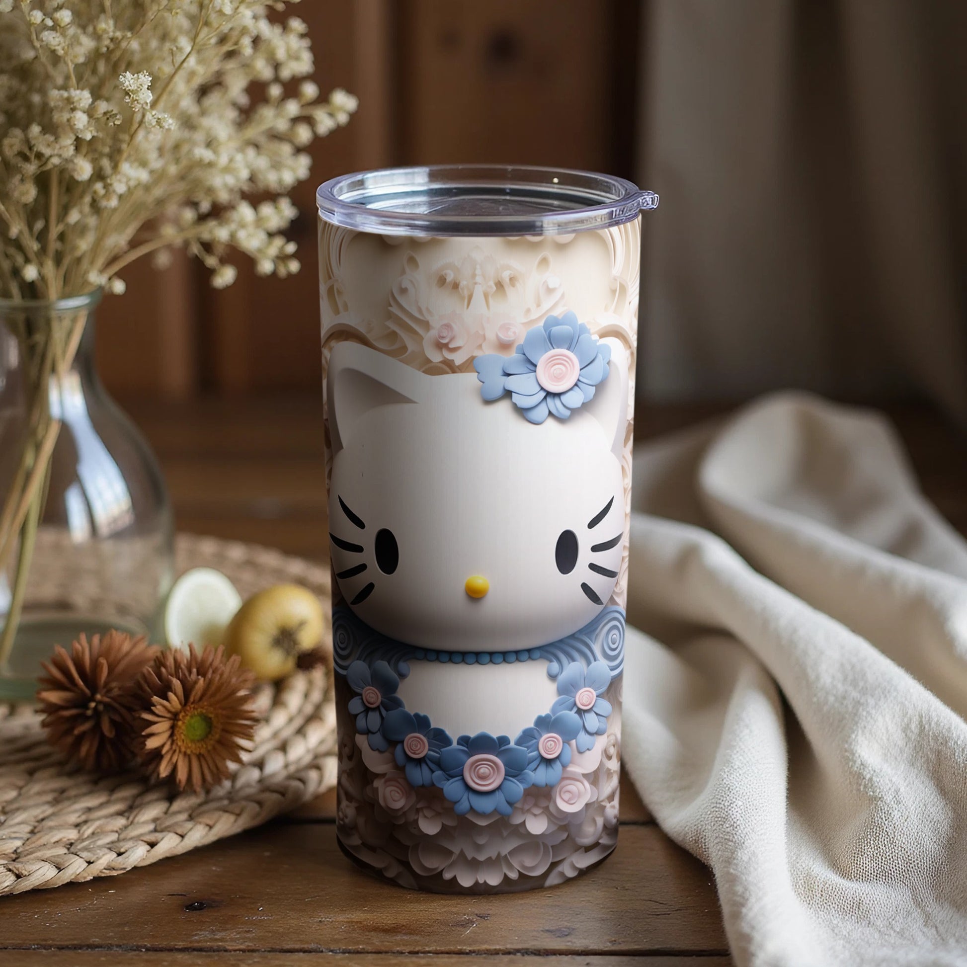 Adorable Cartoon Kitty Floral Graphic Tumbler