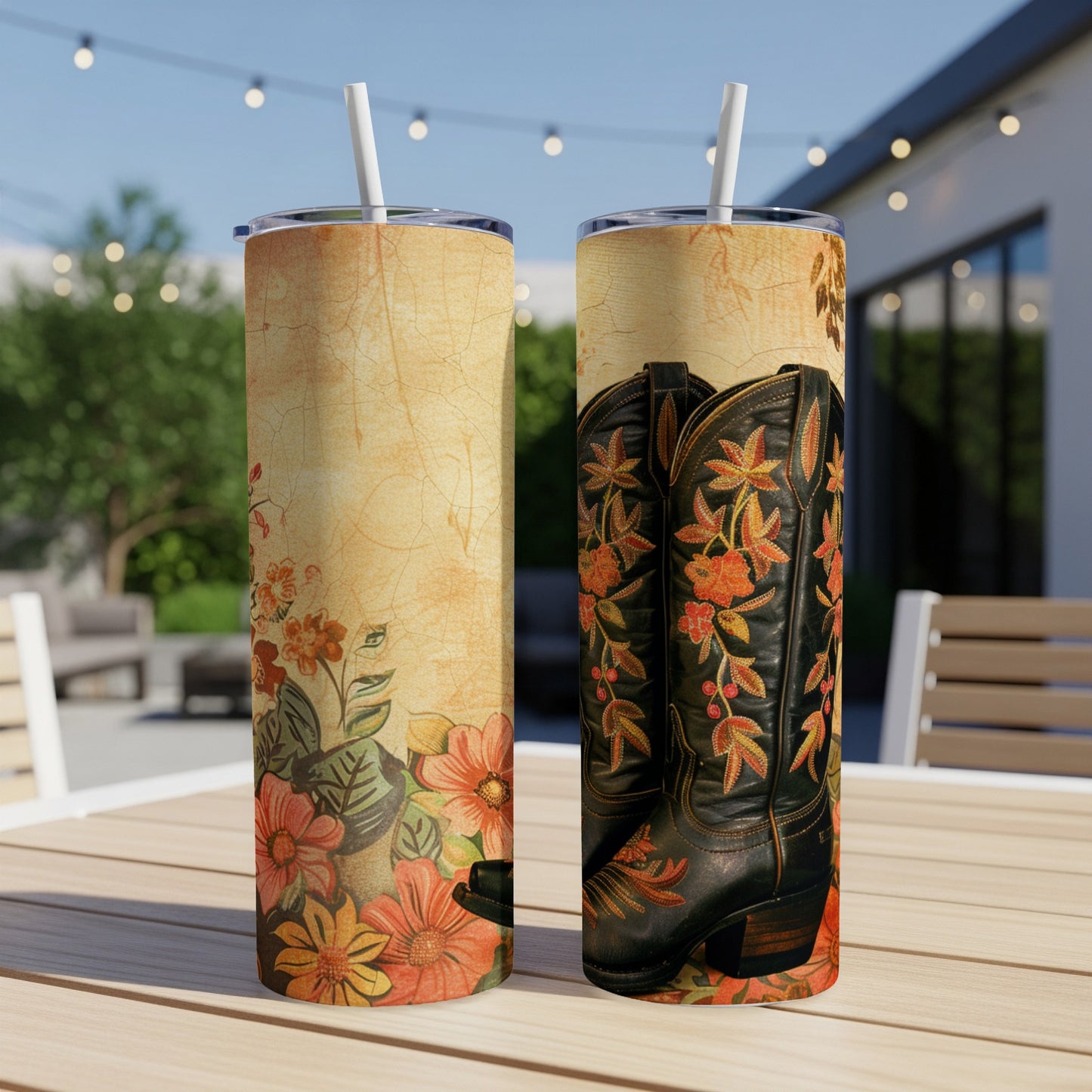 Two tall tumblers with floral cowboy boot design, placed on a table.