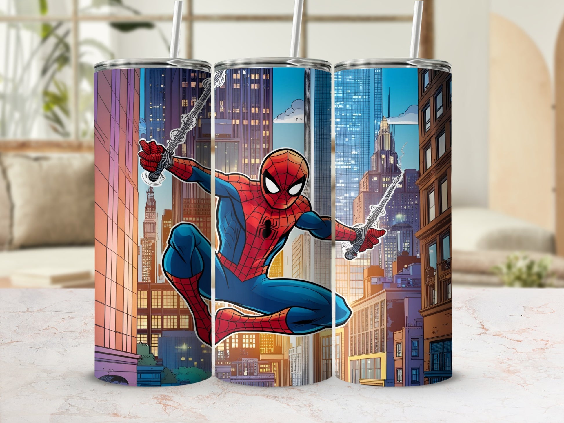 Spiderman in action against a cityscape, swinging from webs.