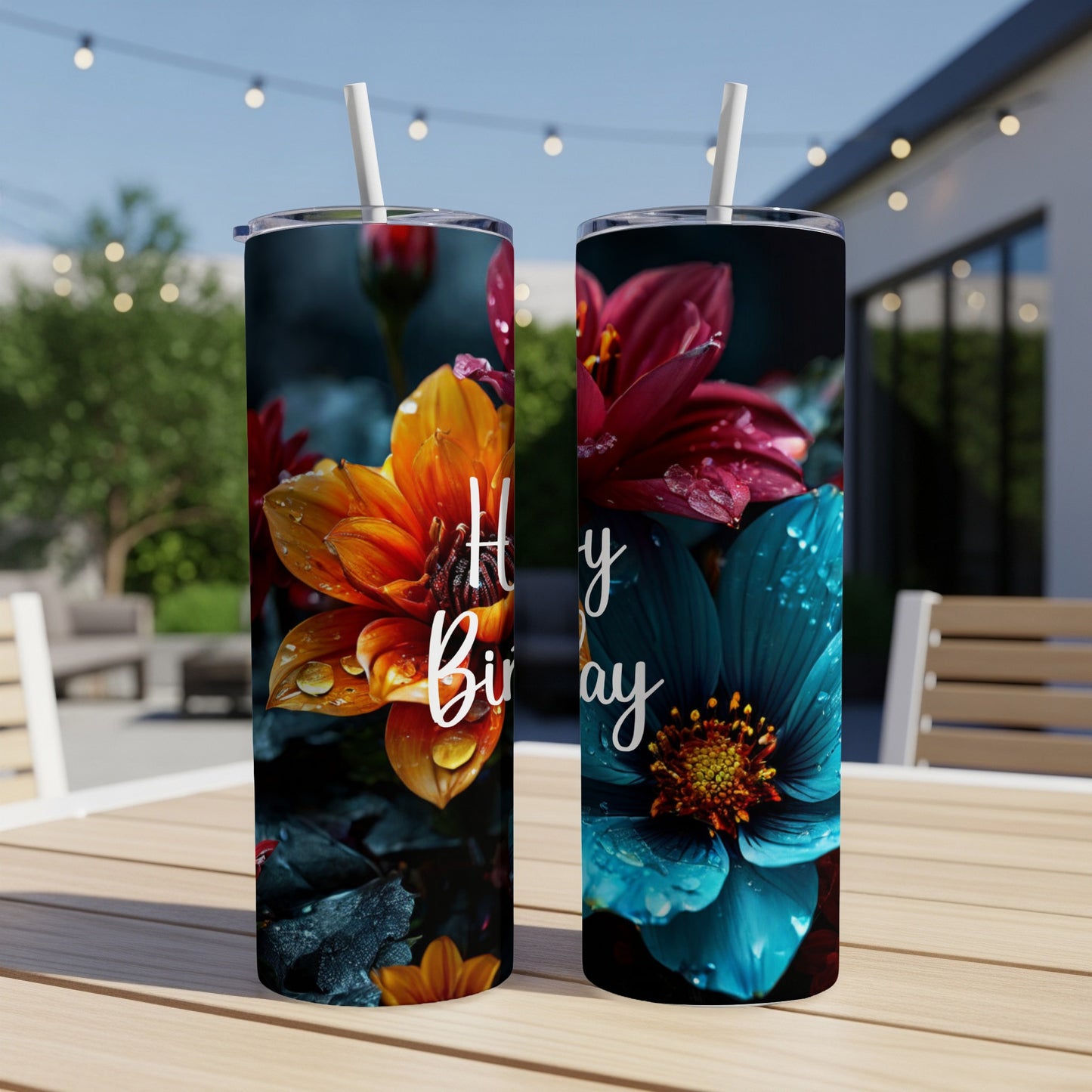 Two tumblers with colorful flowers and "Happy Birthday" text.