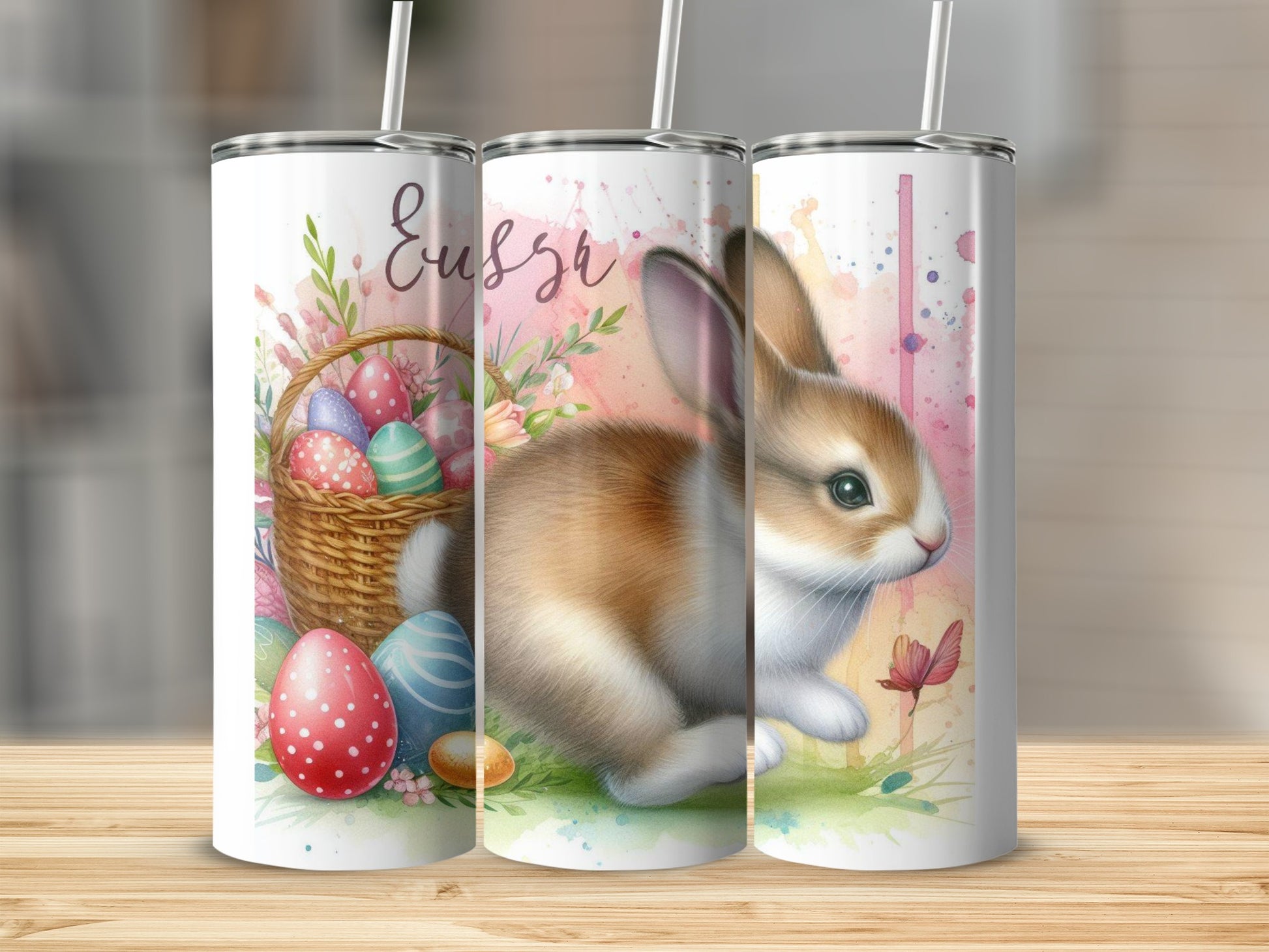 Easter bunny with basket of colorful eggs and flowers.