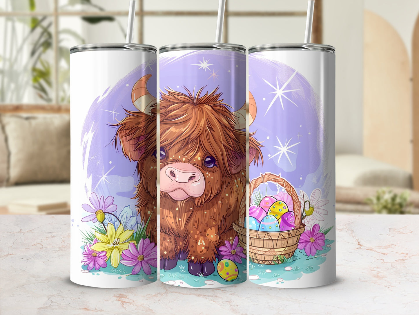 Adorable Highland Cow with Easter Eggs Tumbler Cup