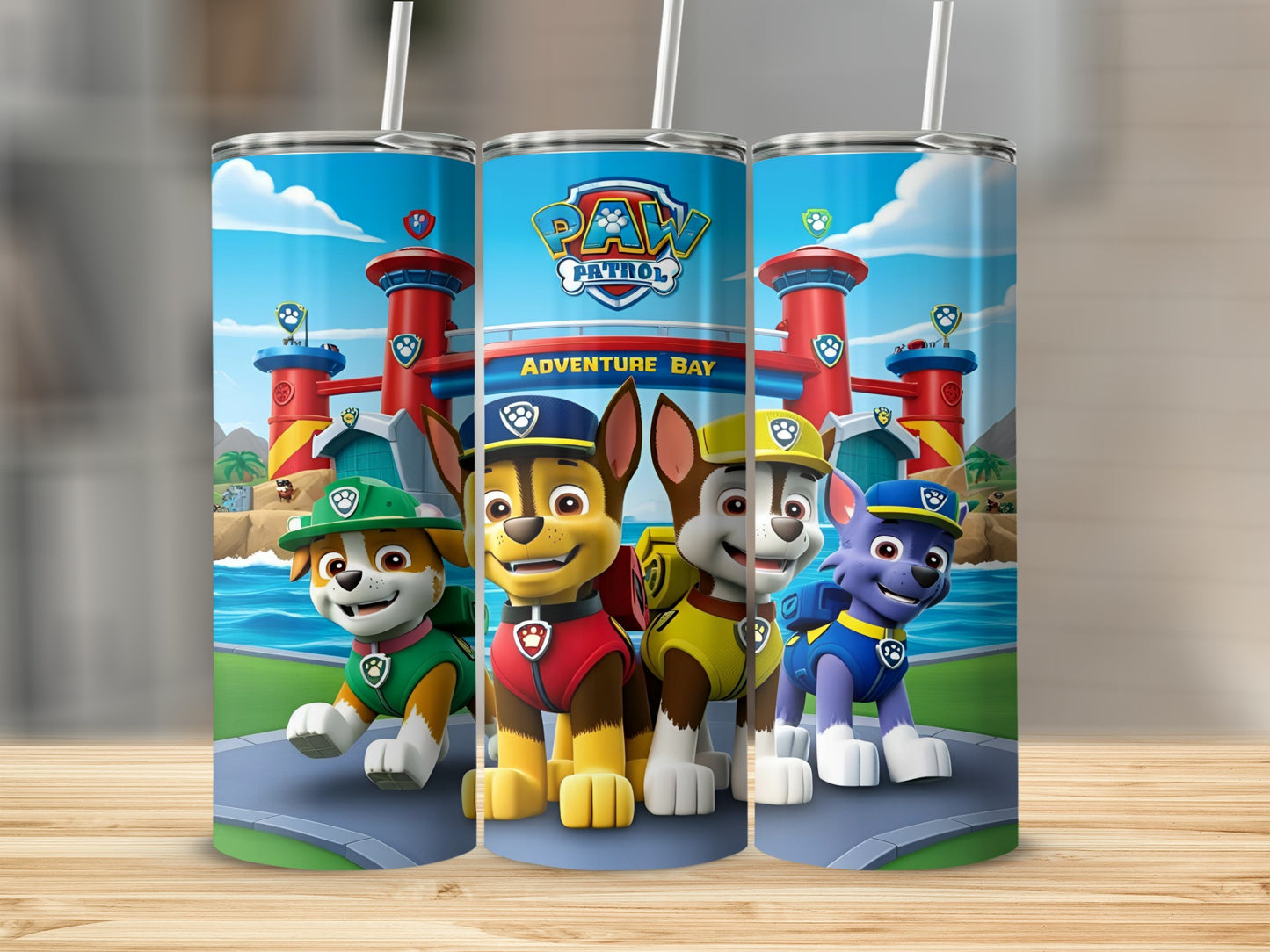 Paw Patrol characters Chase, Marshall, Rubble, and Skye in Adventure Bay.