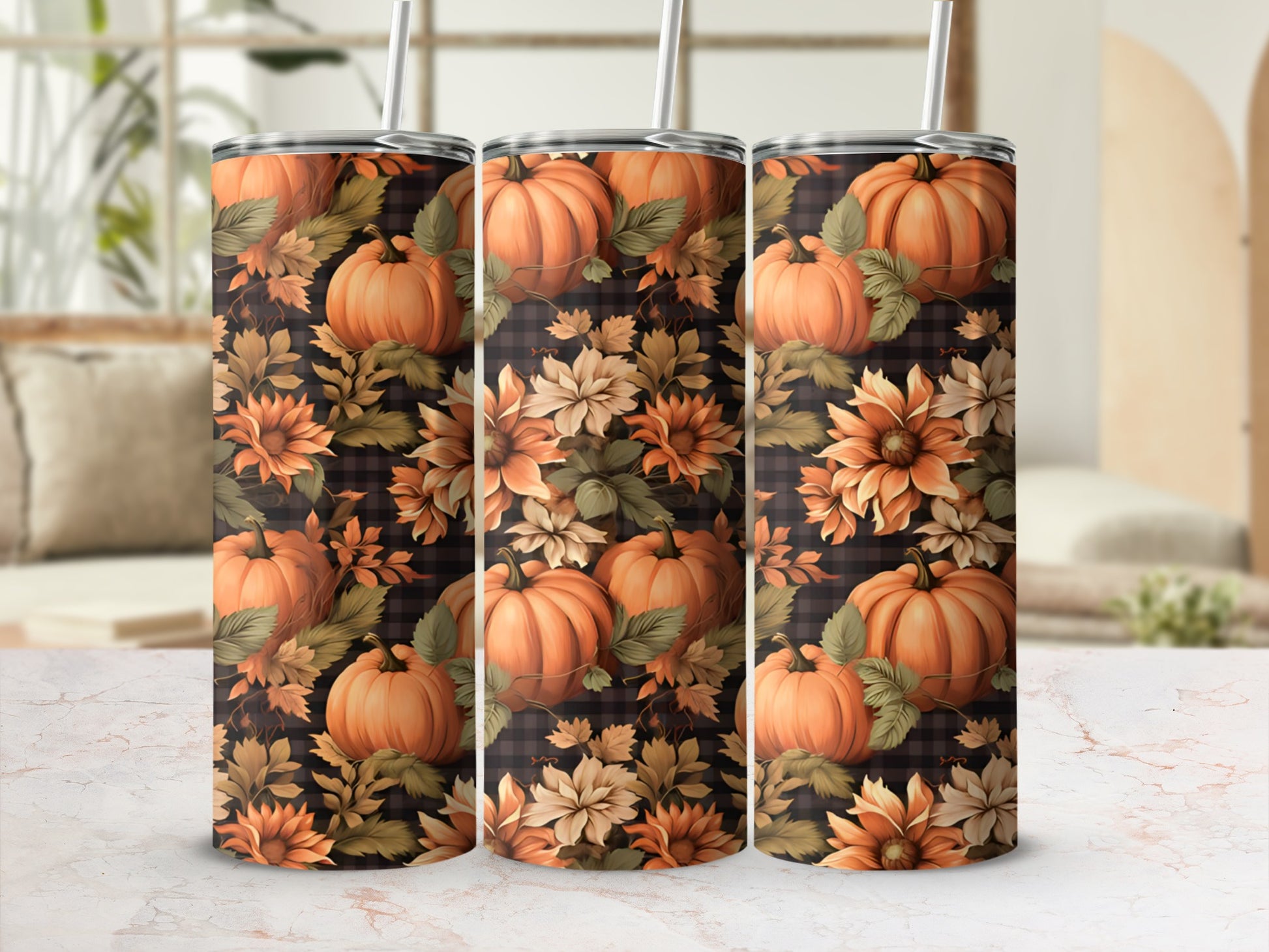 Tumbler with pumpkins, sunflowers, and plaid pattern.