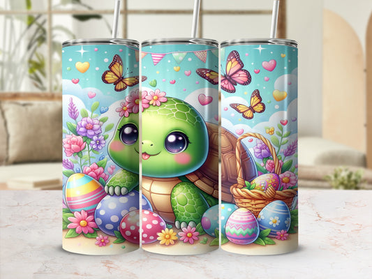 Cute cartoon turtle with Easter eggs and butterflies.