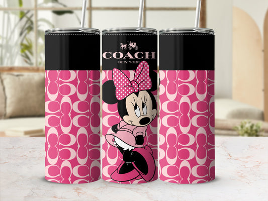 Tumbler featuring Minnie Mouse and Coach logo on pink CC pattern.