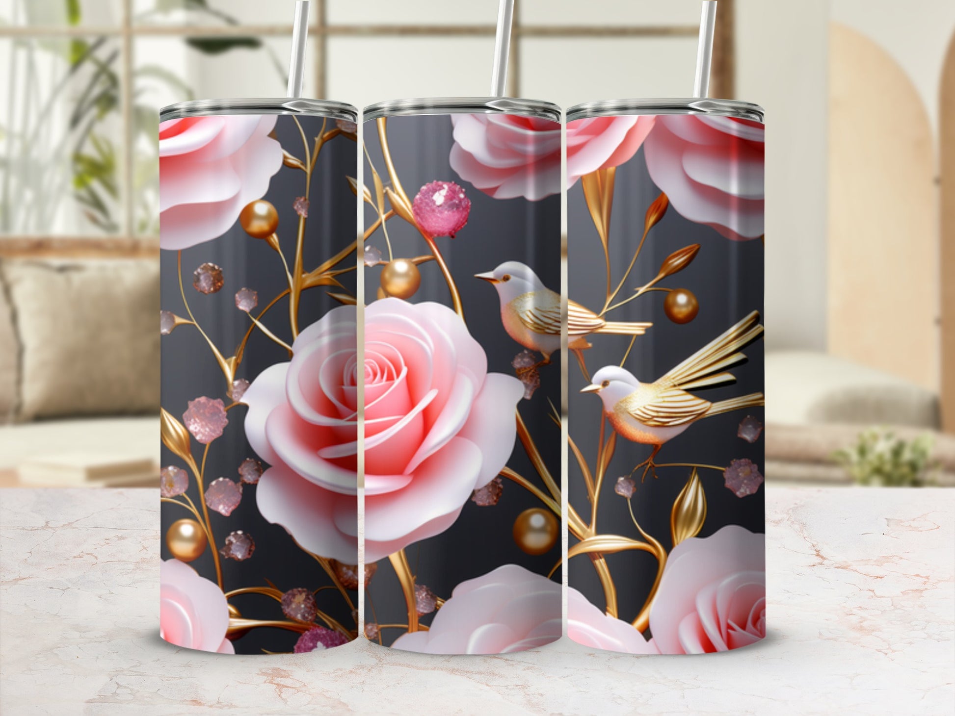 Pink roses and gold birds on a dark floral tumbler.