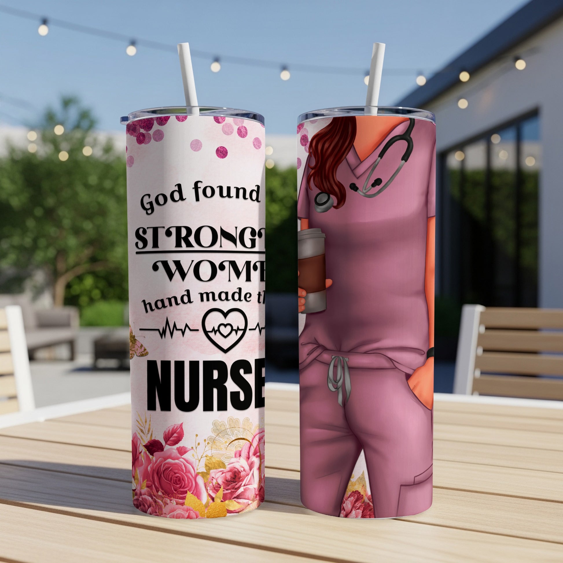 Two pink nurse tumblers with inspirational quotes and stethoscope details.