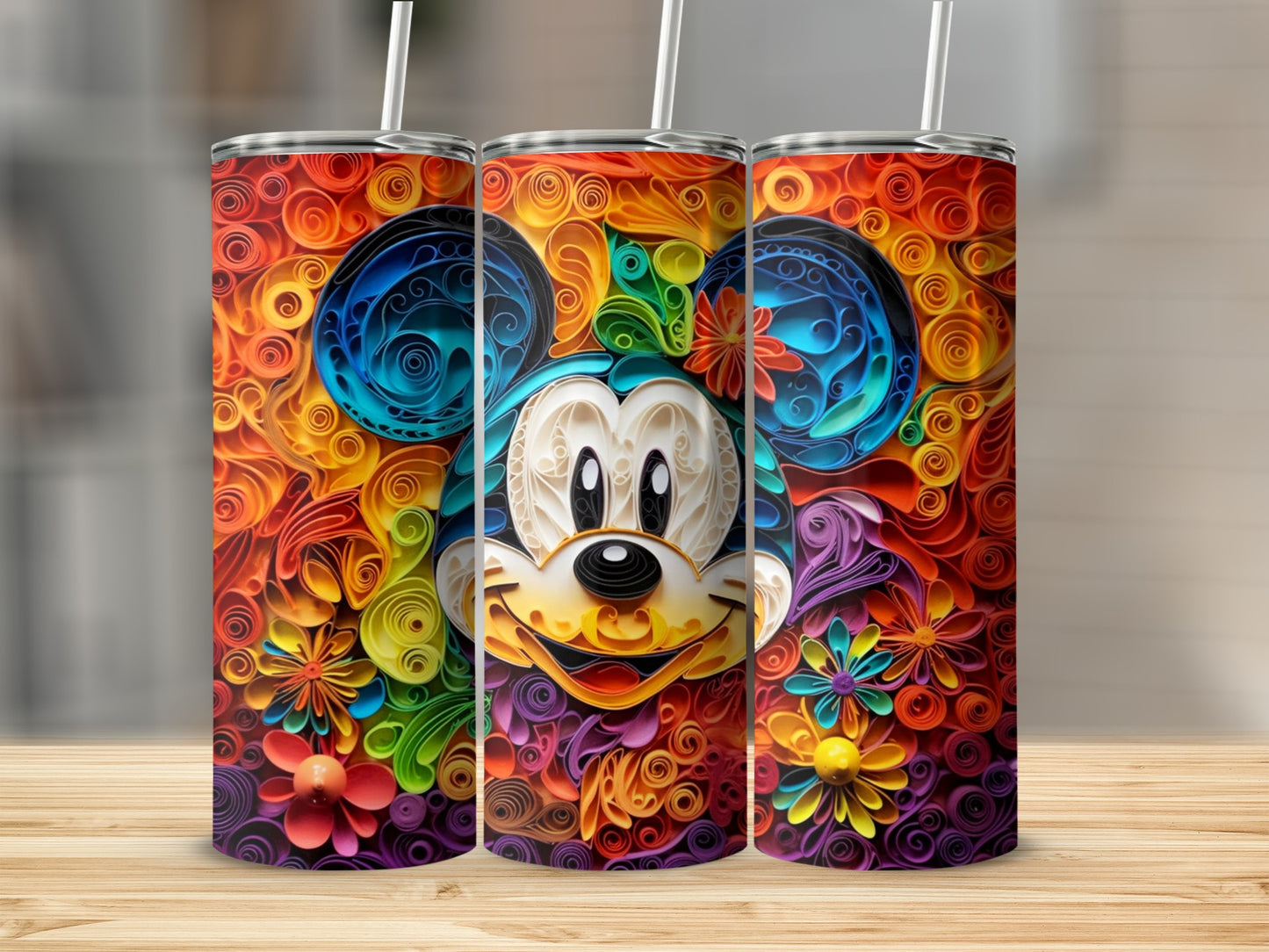 Colorful Floral Patterned Mickey Mouse Tumbler Cup