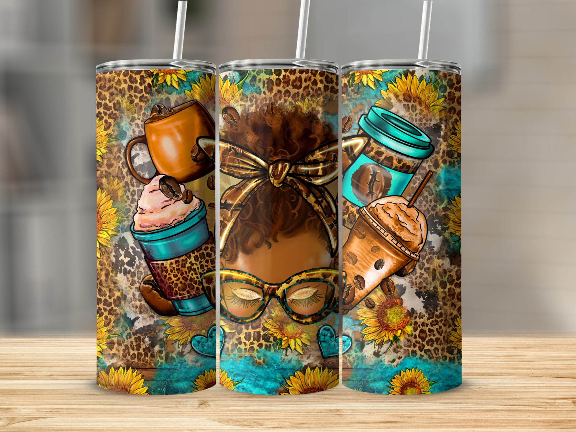 Tumbler with coffee cups, sunflowers, and leopard print.