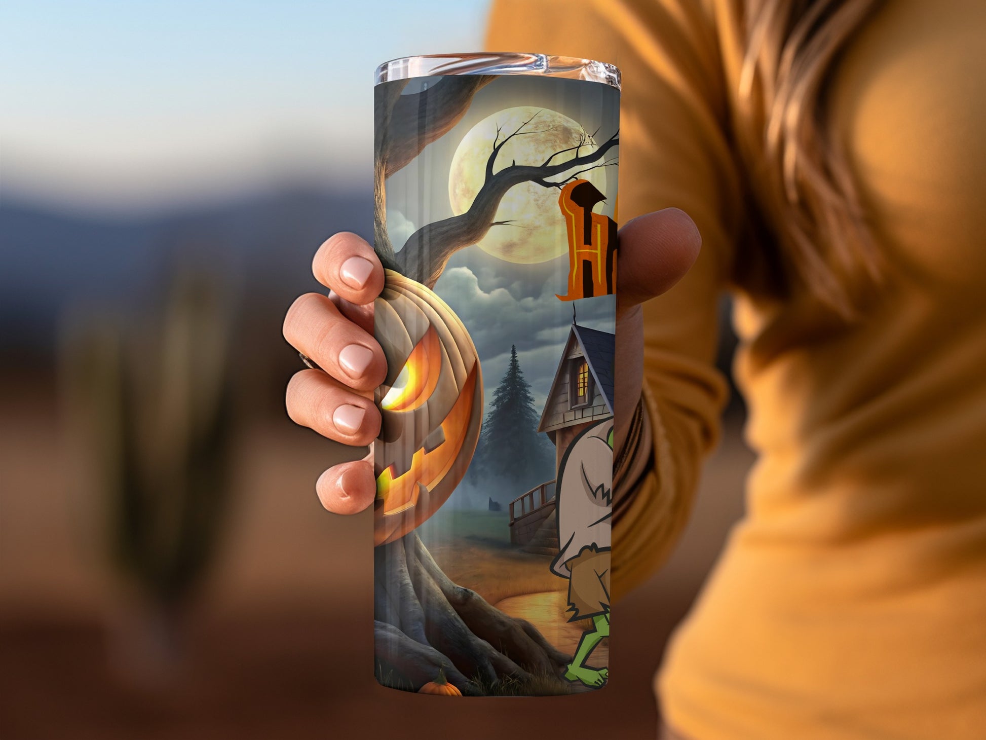 Spooky Halloween Pumpkin Tumbler with Haunted House Design