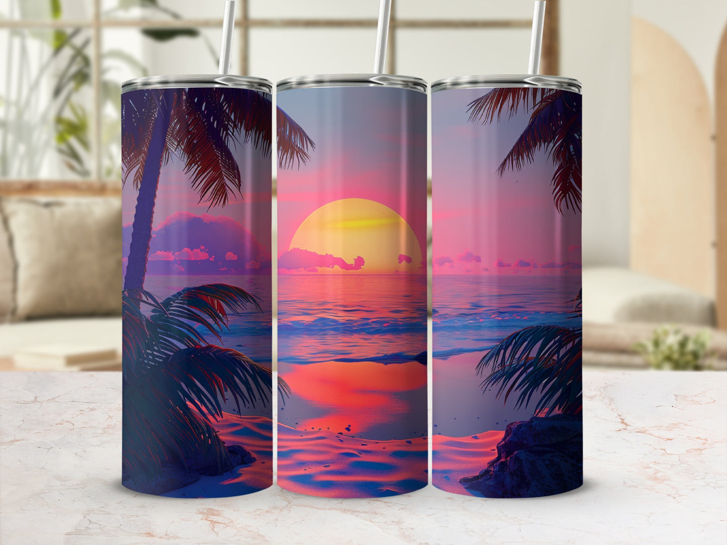Sunset beach scene on a tumbler with palm trees and ocean waves.
