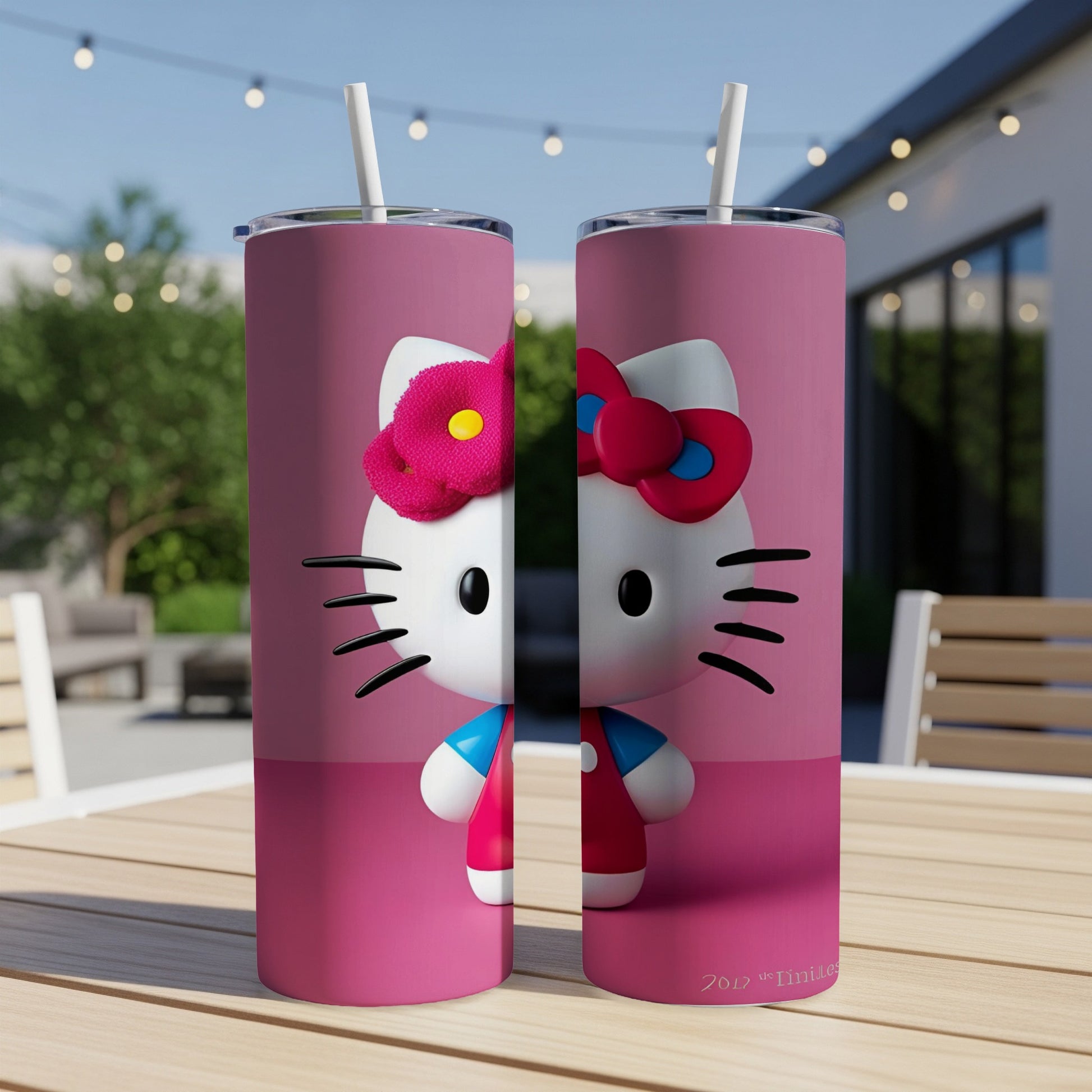 Two pink tumblers featuring Hello Kitty with a red bow.