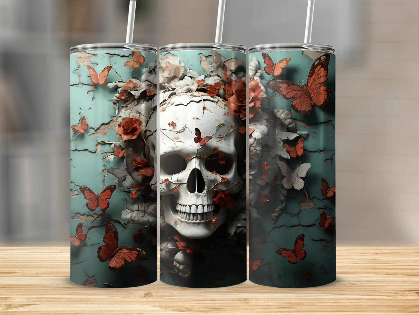 Skull with flowers and butterflies design on a tumbler.
