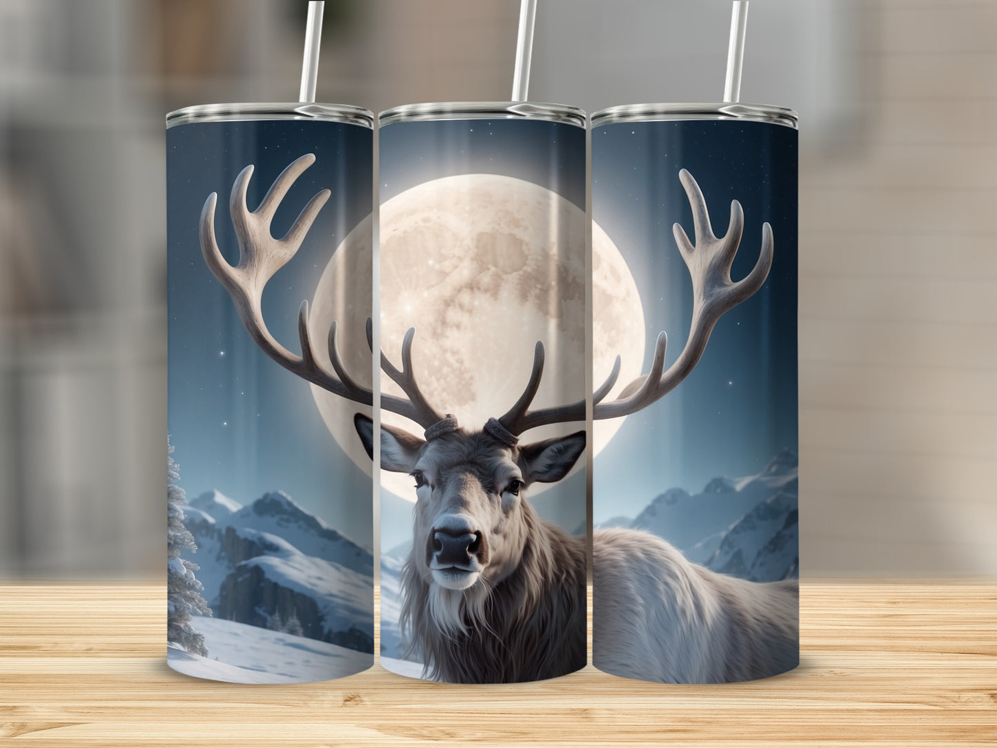 Close-up of a reindeer with large antlers in front of a full moon.
