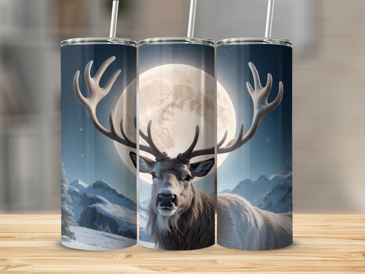 Close-up of a reindeer with large antlers in front of a full moon.