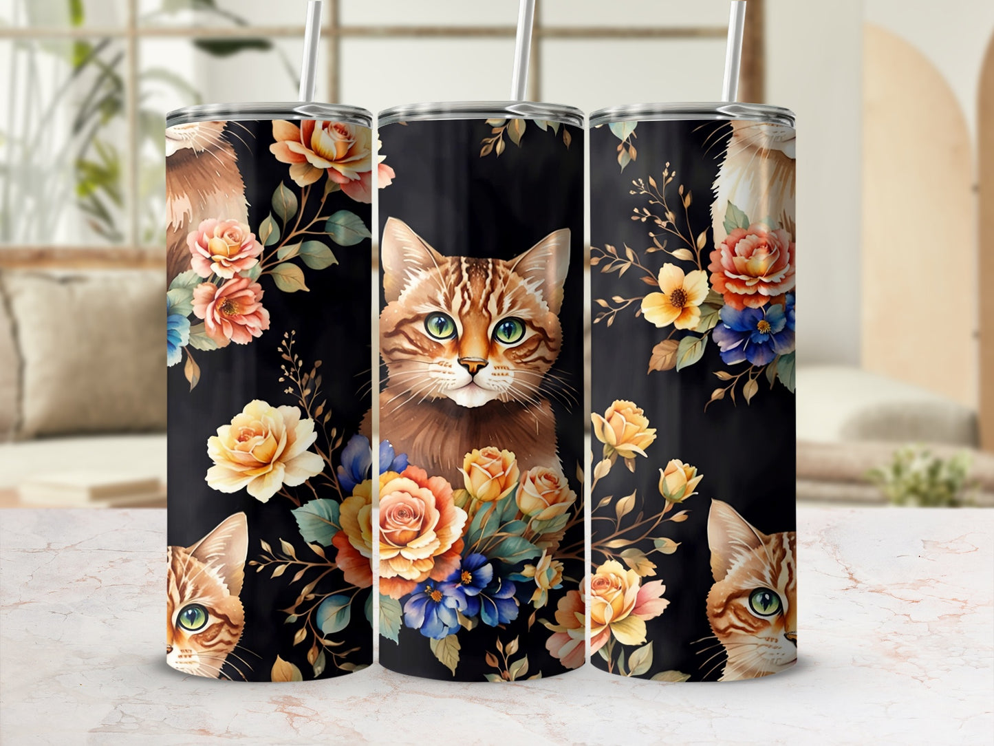 Three tumblers with a tabby cat and floral design.