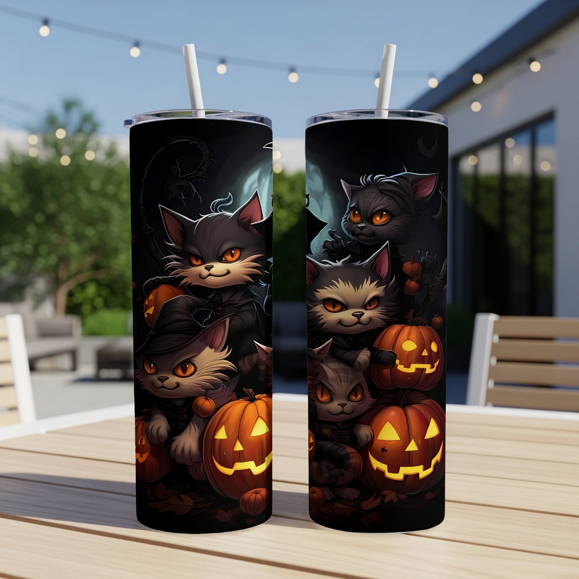 Two tumblers featuring cartoon cats and pumpkins on a dark, spooky background.
