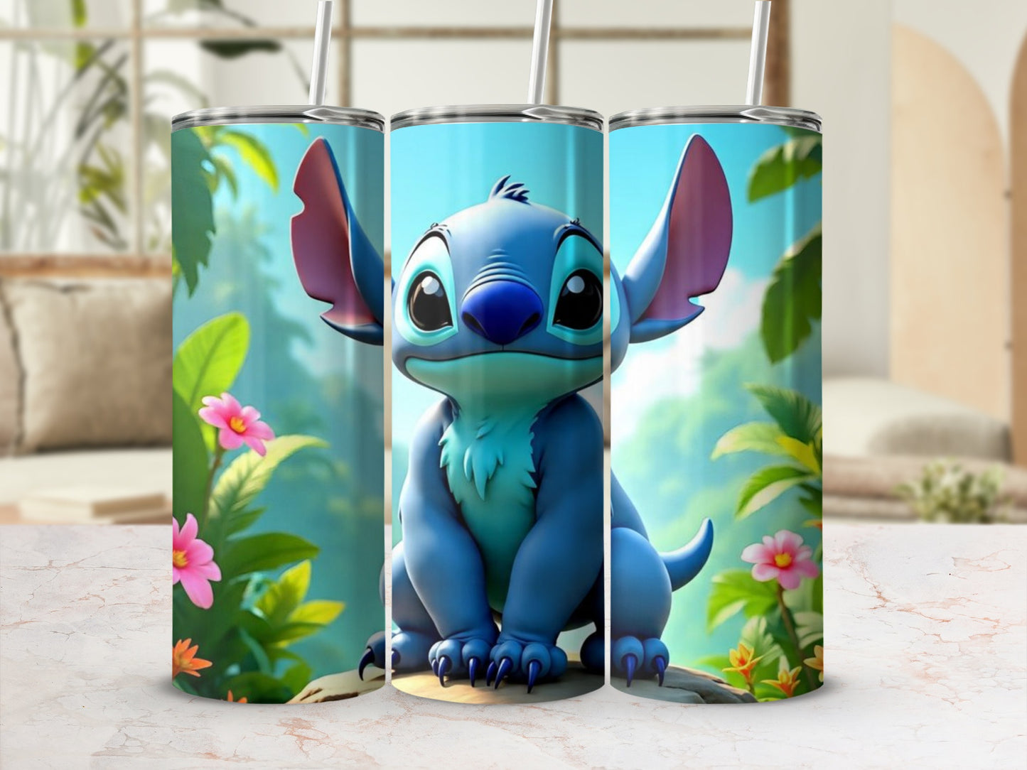 Adorable Blue Character with Tropical Scene Tumbler