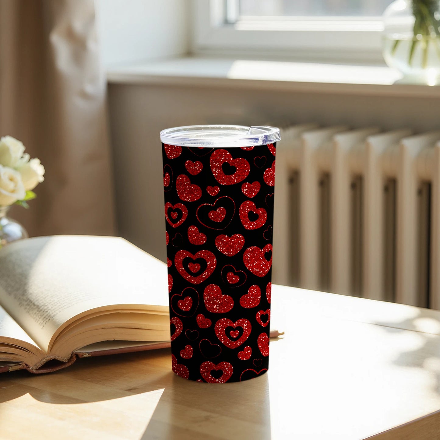 Sparkling Red Hearts Tumbler for Stylish Beverage Lovers