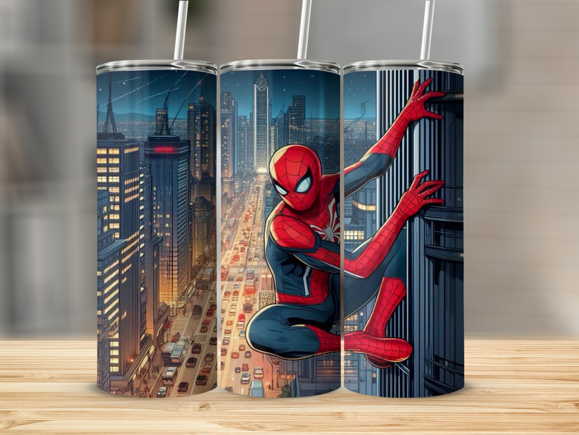 Spiderman Design Tumbler with City Skyline Graphic