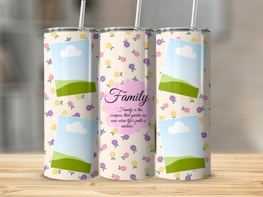 Three tumblers with a floral pattern, picture frames, and the quote "Family is the compass that guides us".