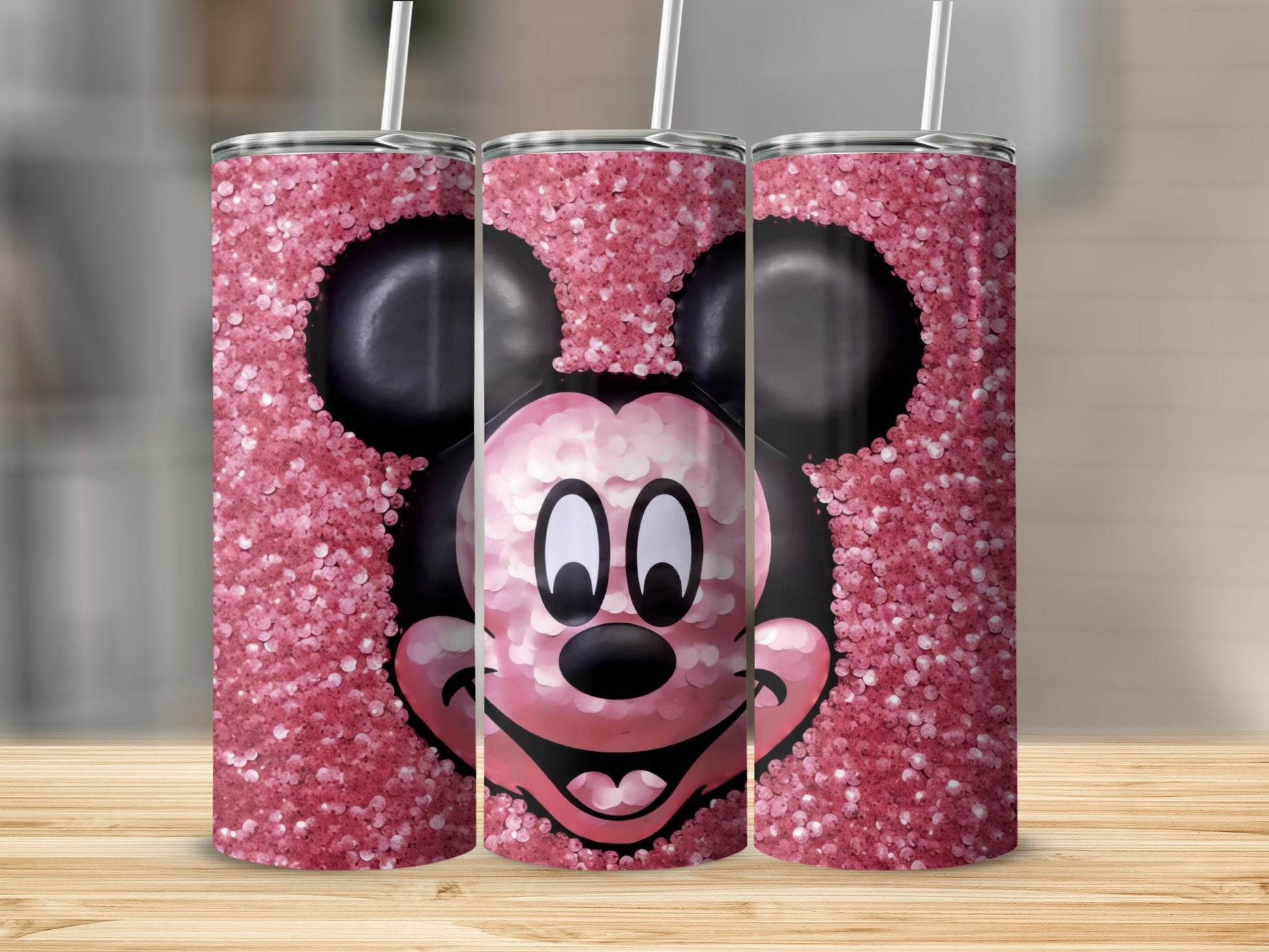 Cute Mickey Mouse Design Tumbler with Pink Glitter Sparkle