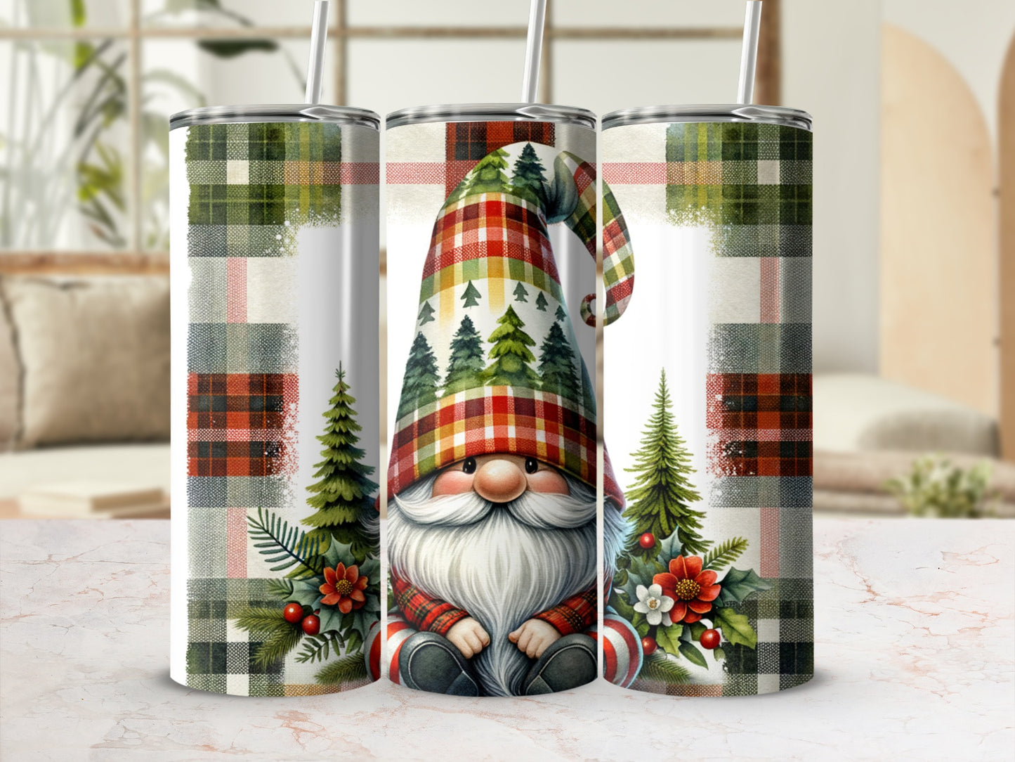 Gnome with plaid hat and Christmas trees on a tumbler.