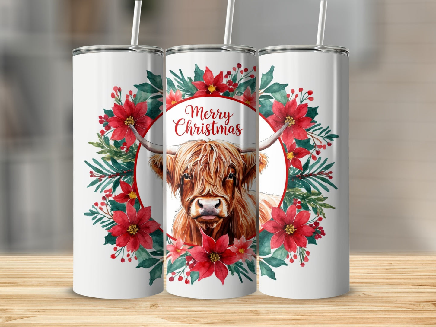 Highland cow wearing a wreath of poinsettias and greenery, with "Merry Christmas" text.